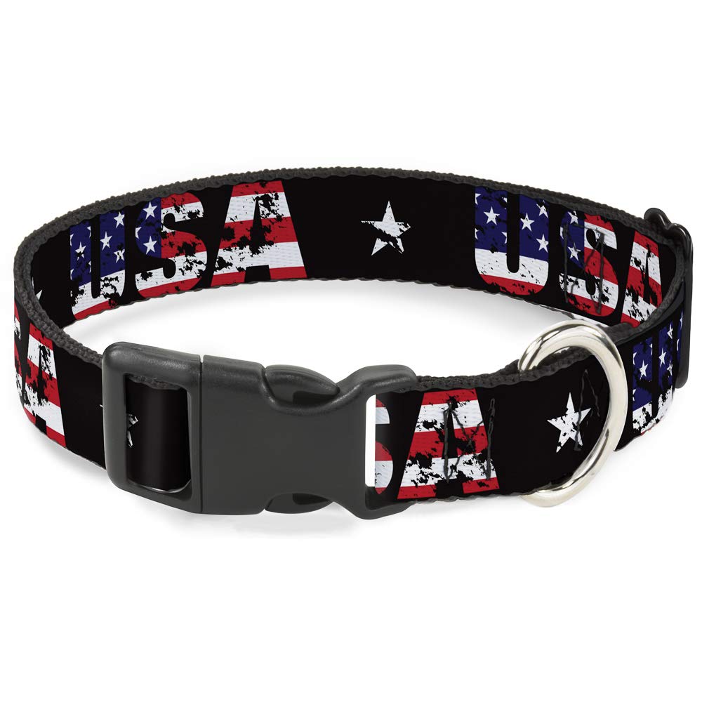 Buckle-Down Plastic Clip Collar - USA w/Star Black/US Flags - 1 Wide - Fits 15-26 Neck - Large