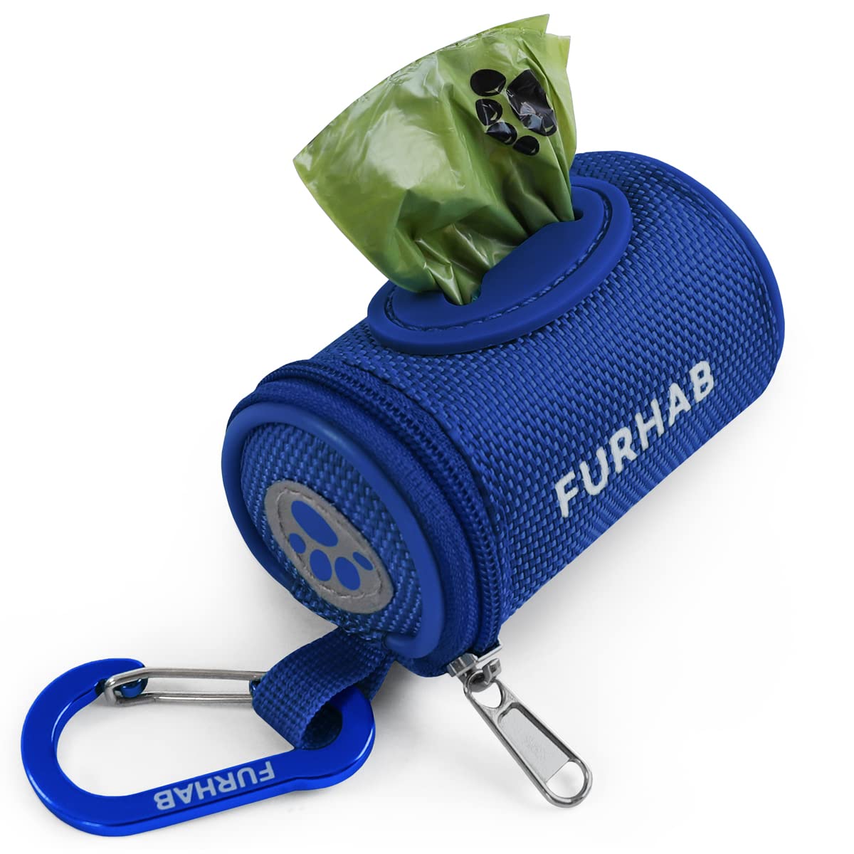 Furhab Dog Poop Bag Holder For Leash Doggie Waste Bag Dispenser Soft Fabric Puppy Potty Carrier Small Doggy Zipper Pouch With Carabiner Clip 1680D Nylon Oxford With 1 Roll Of Pet Trash Bag, Royal Blue