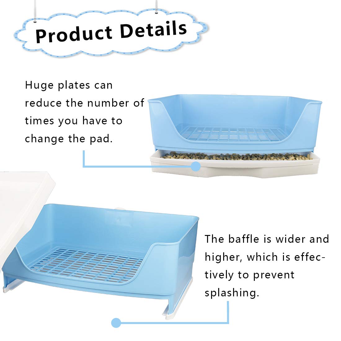 Pinvnby Large Rabbit Litter Box Bigger Pet Litter Pan Trainer With Drawer Corner Toilet Box For Adult Guinea Pigs Chinchilla Ferret Hedgehog Small Animals(Blue)