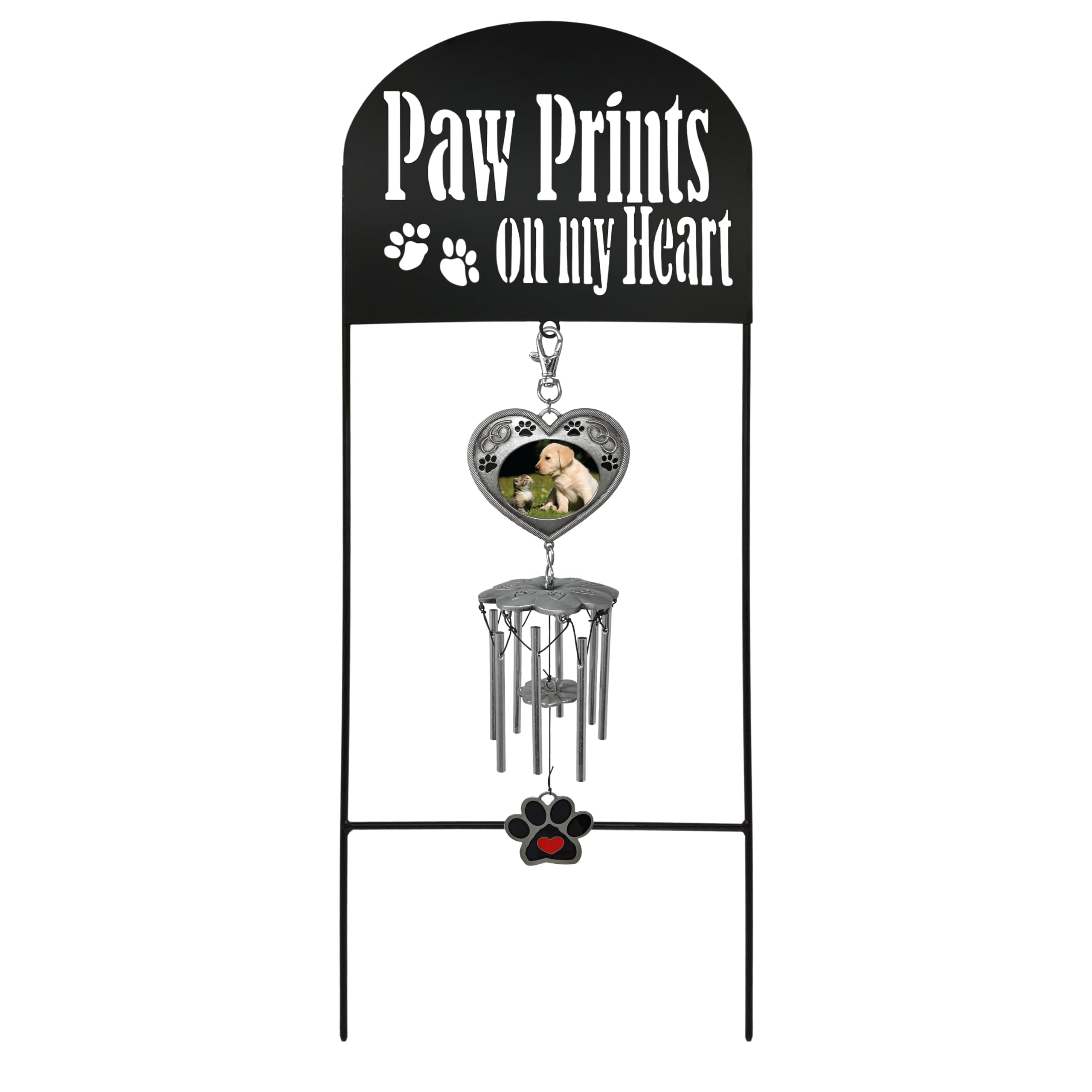 Pet Memorial Marker With Wind Chimes And Photo Frame- Black Wrought Iron Garden Stake And Windchime - Paw Prints On My Heart - Dog Or Cat Memorial Gift - Pet Sympathy Gifts