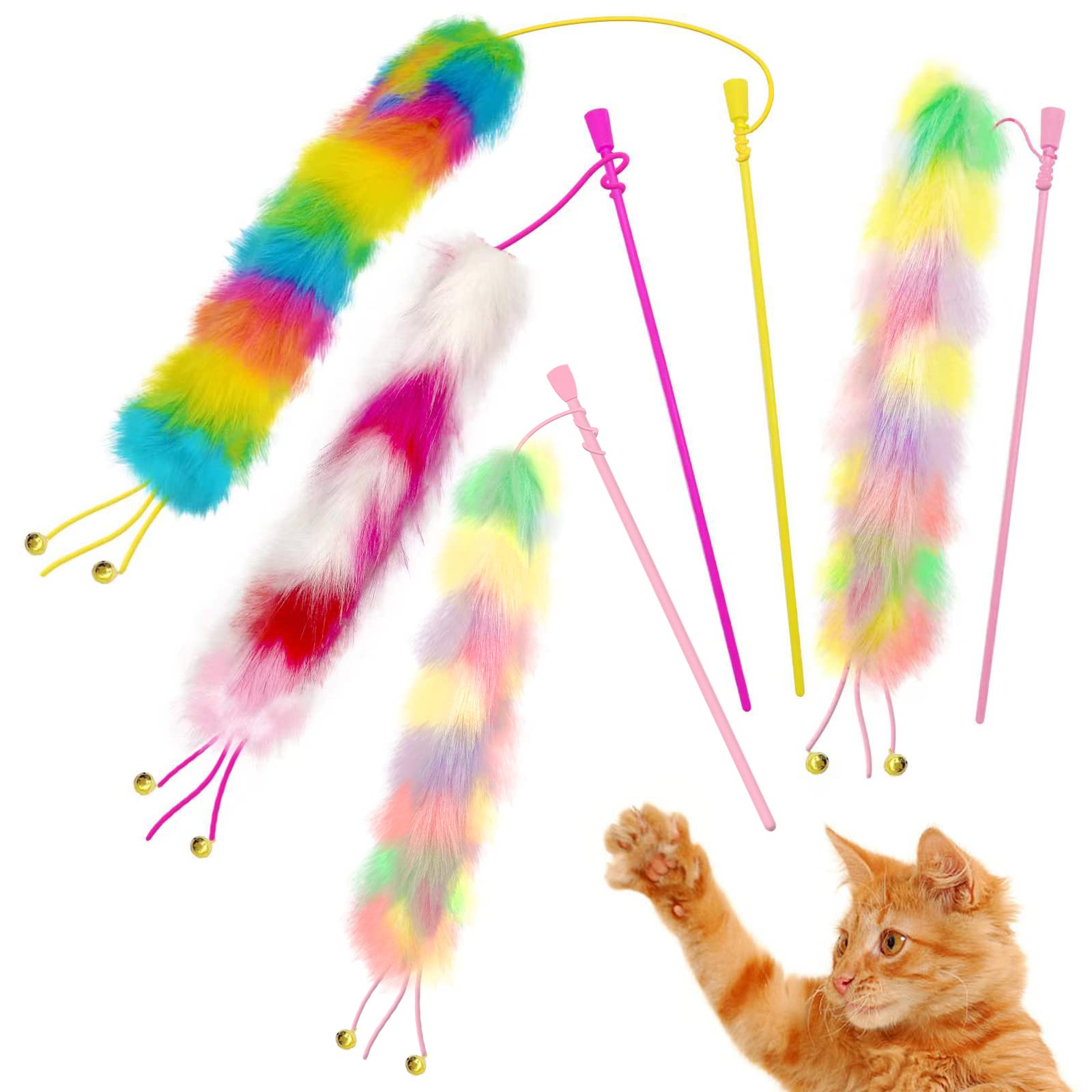 Lepawit 4 Pack Cat Wand Toy, Rainbow Cat Feather Toys With Bells, Teaser Wand With Soft Furry Tail, Interactive Toys For Indoor 