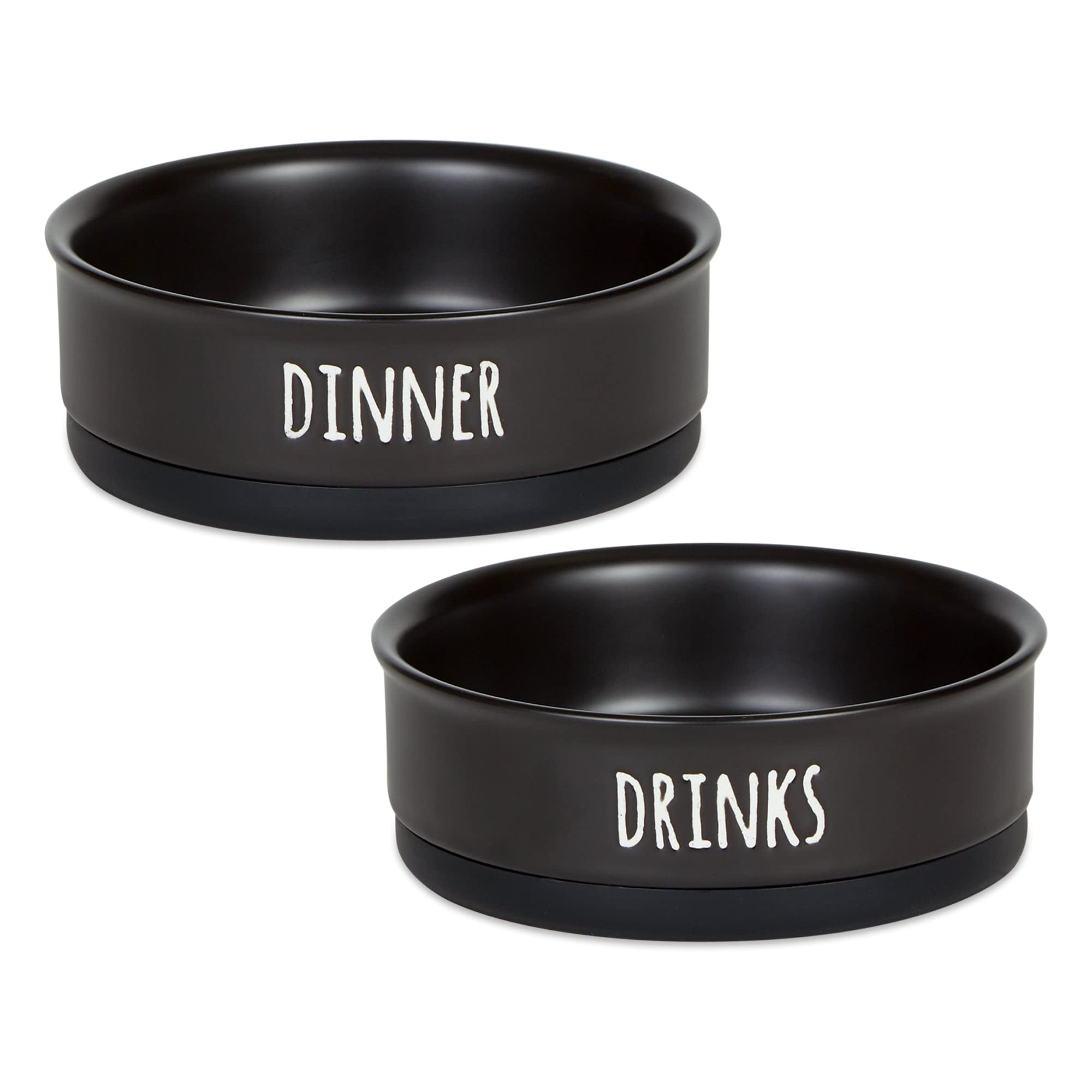 Bone Dry Ceramic Pet Bowls, Dishwasher & Microwave Safe, Nonslip, Medium Set, 6X2, Black