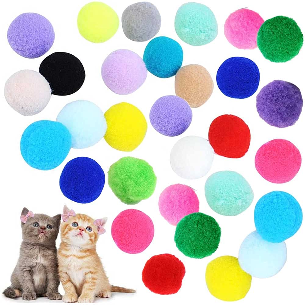 Voviggol 30Pcs 1.3 Inch Cat Toy Balls Soft Kitten Pompom Toys Indoor Cats Interactive Playing Quiet Ball Cats Favorite Toy, Cat 