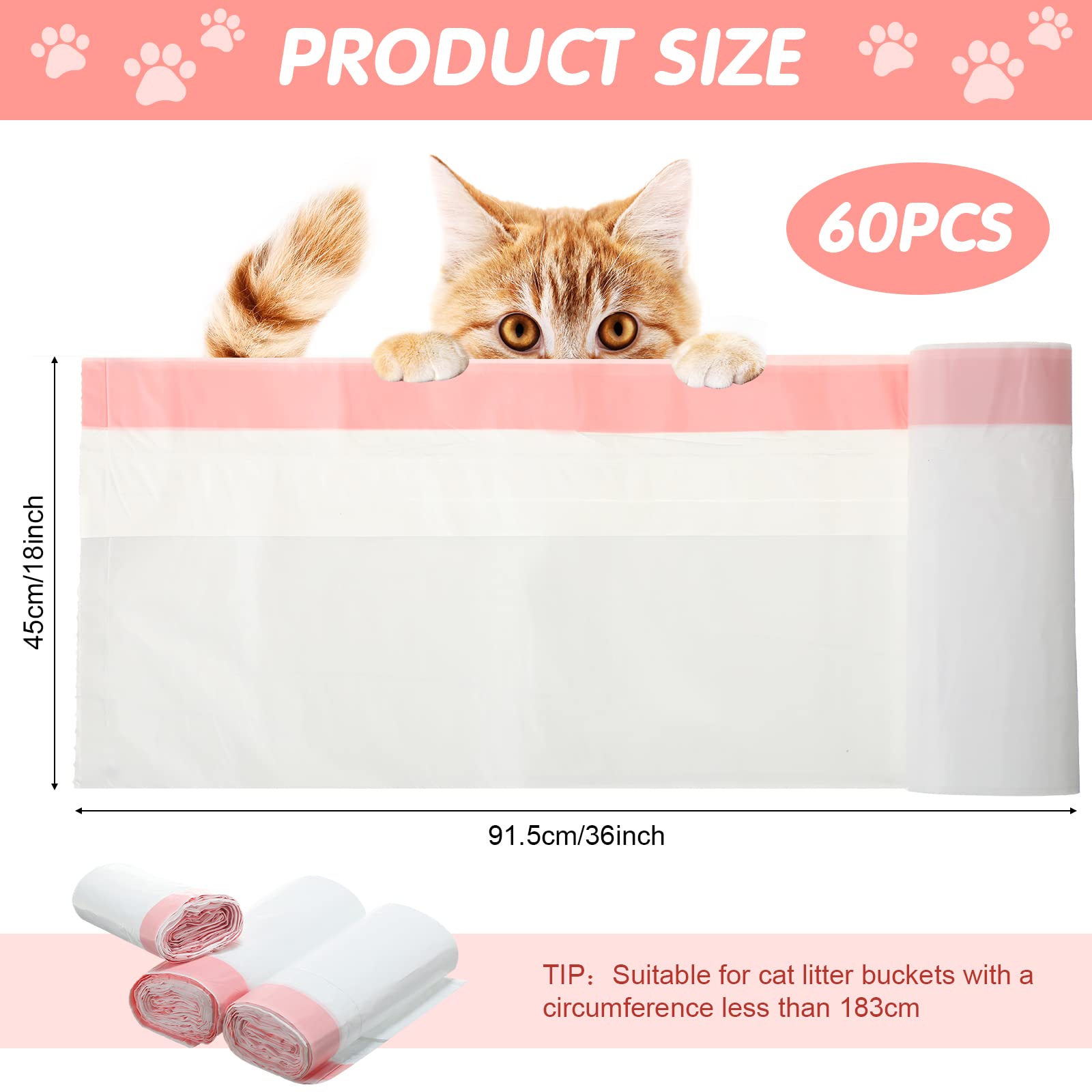 Thenshop 60 Count Litter Box Liners 36'' X 18'' Jumbo Cat Pan Bags Drawstring Cat Supplies Extra Large Disposable Cat Litter Bags Cat Box Liners For Trash Waste Litter Box Tidy (Pink)