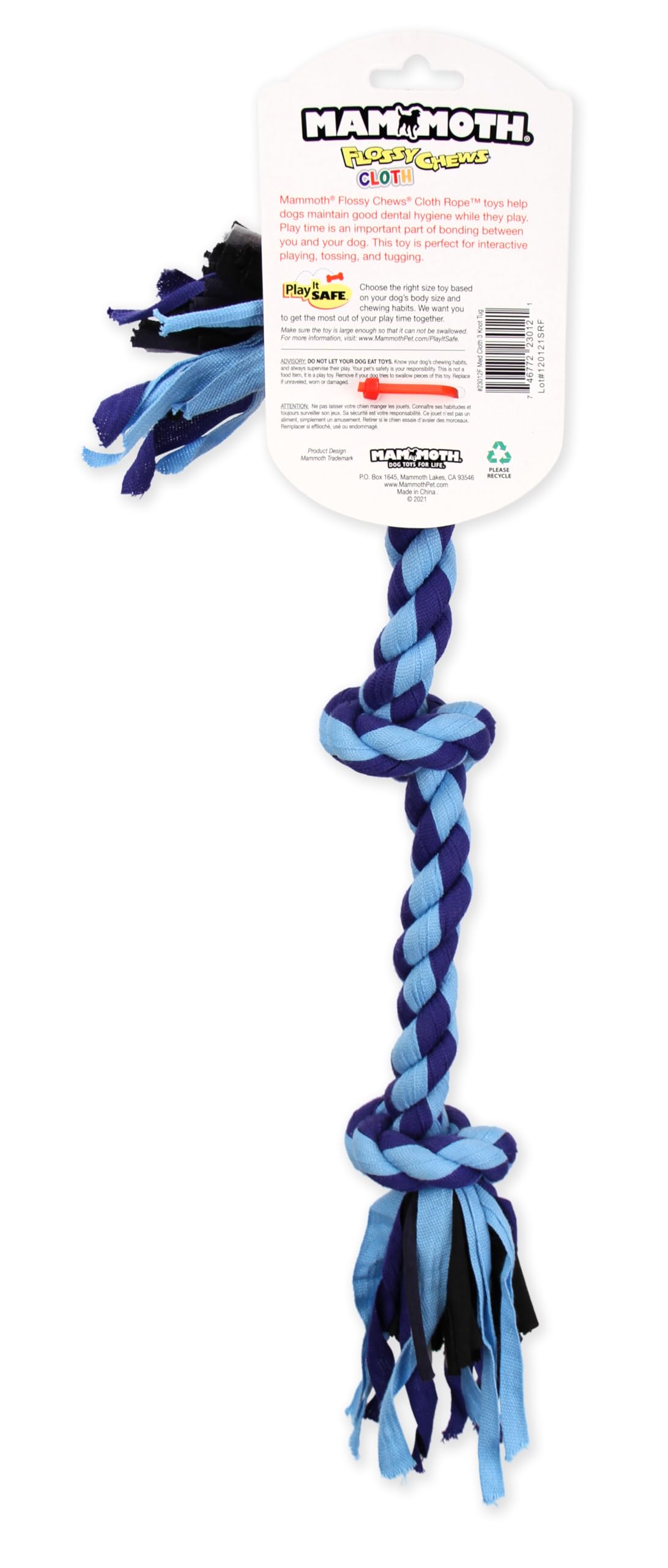 Mammoth 20-Inch Cloth 3-Knot Rope Tug, Medium, Assorted Colors