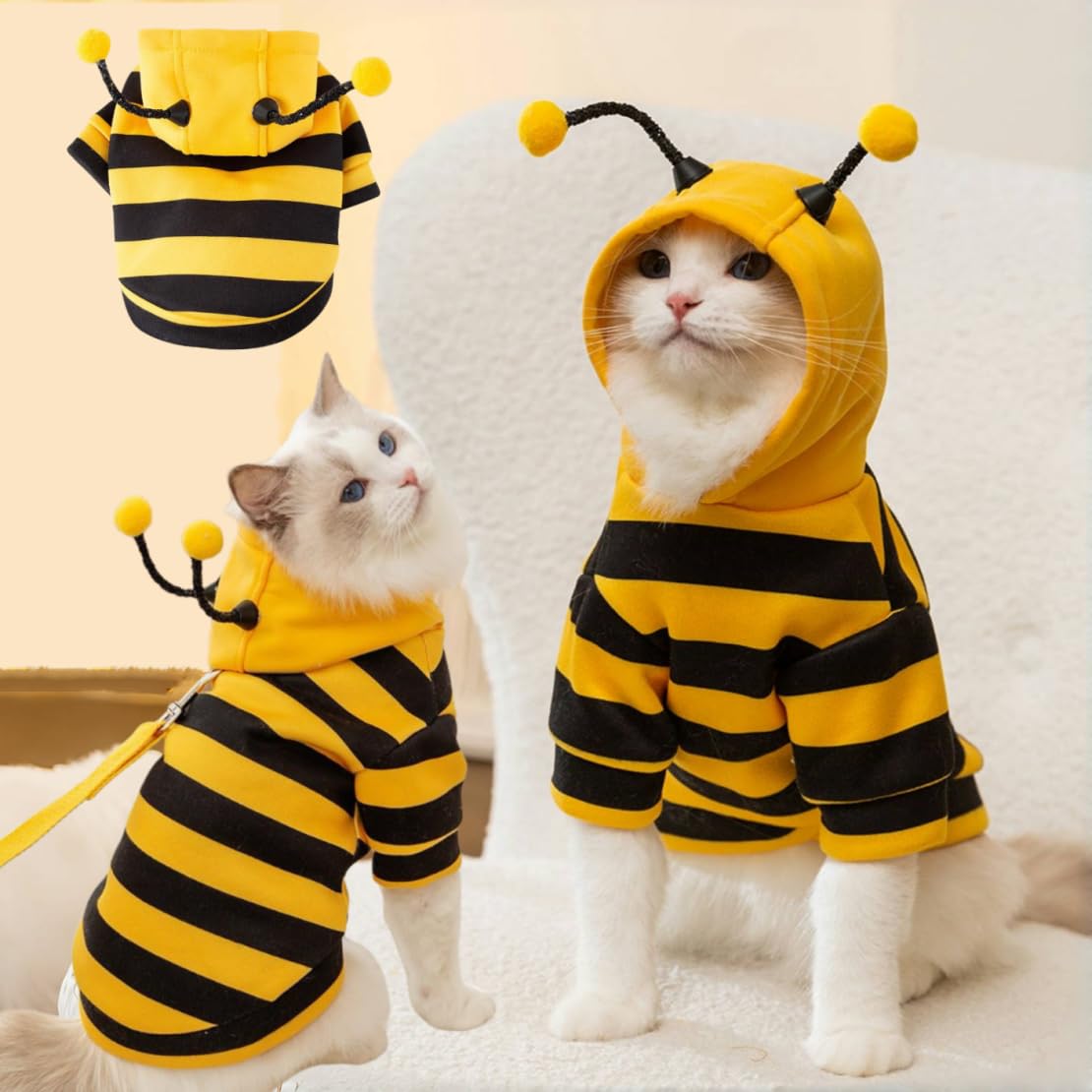 Selena Cat Bee Antennae Costume Hoodies Cute Bee Stripes Dog Kitten Puppy Pet Apparel (Xx-Large,Yellow&Black)