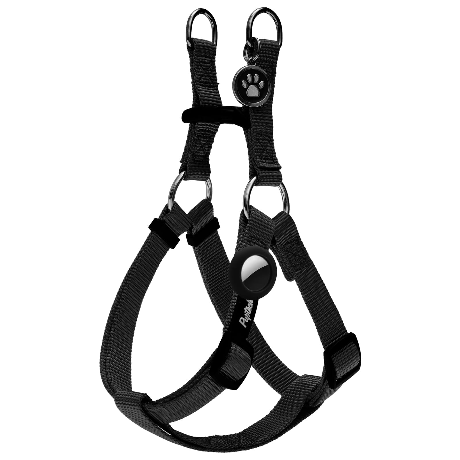 Pupteck No Pull Dog Harness Soft Adjustable Basic Nylon Step In Puppy Vest Outdoor Walking With Id Tag And A-Ir Tag Case, Black,