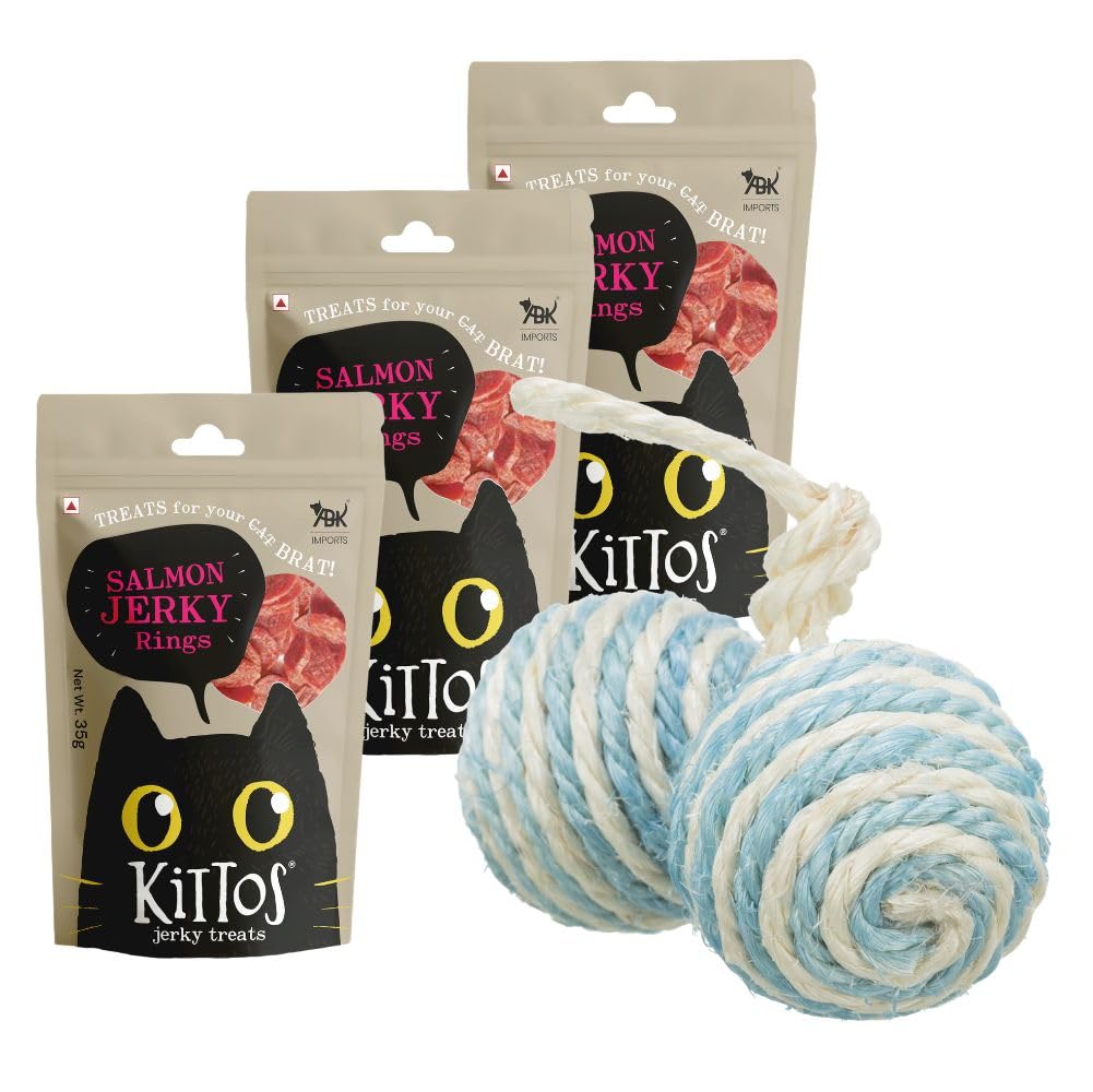 Combo Of Trixie 2 Balls On Sisal Rope Toy For Cats, 4.5 Cm, Interactive Play Toy With 3 Pack Of Kittos Salmon Rings Treats, 35 G