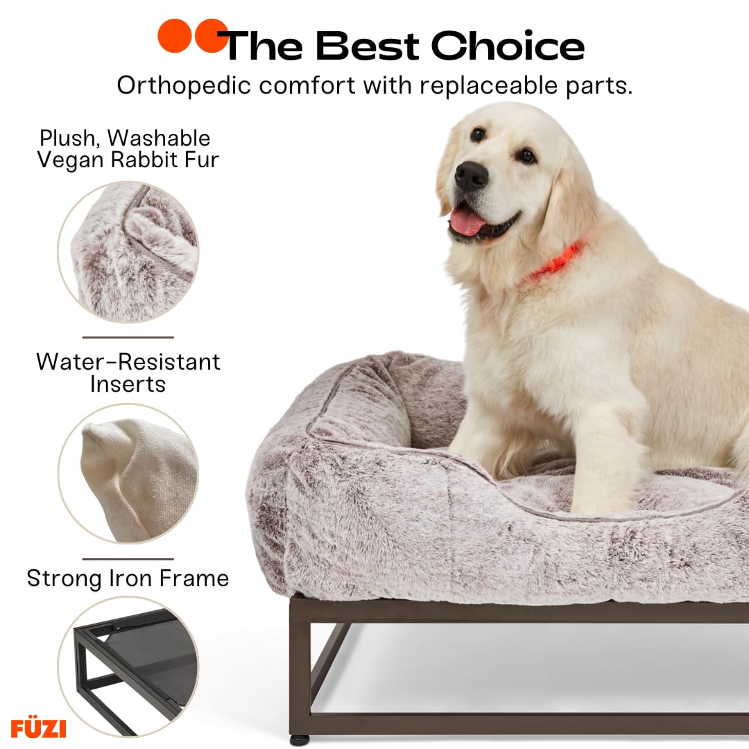 FUZI Elevated Dog Bed - Large Luxury Orthopedic Pet Bed, Removable Washable Cover, 36"x29"x16", Light Grey & Black