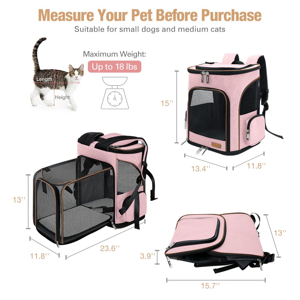 Lekereise Pet Carrier Backpack Expandable Cat Backpack For Small Dogs Cats, Dog Backpack Bag With Breathable Mesh, Pink