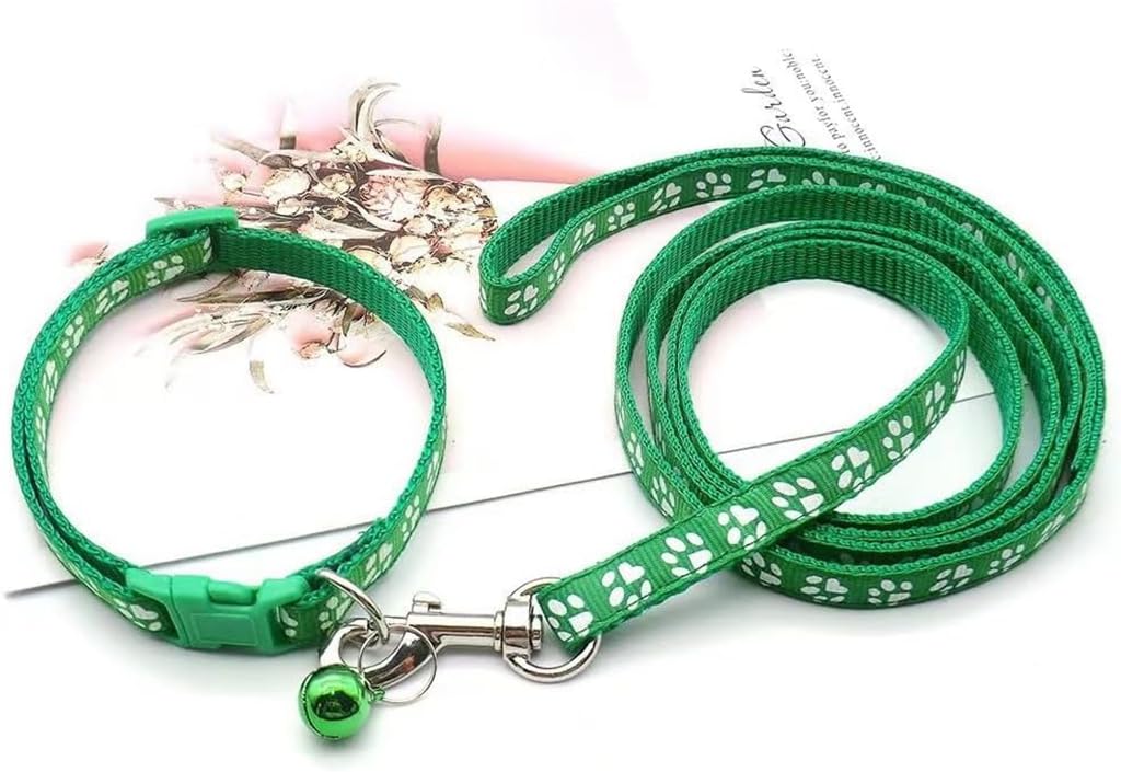 Green Dog Collar With Bell Leash Set, Nylon Basic Reflective Small Dog Collar Boy Paw Print For Xxs Xs S Dog Kitten Pet Animal T