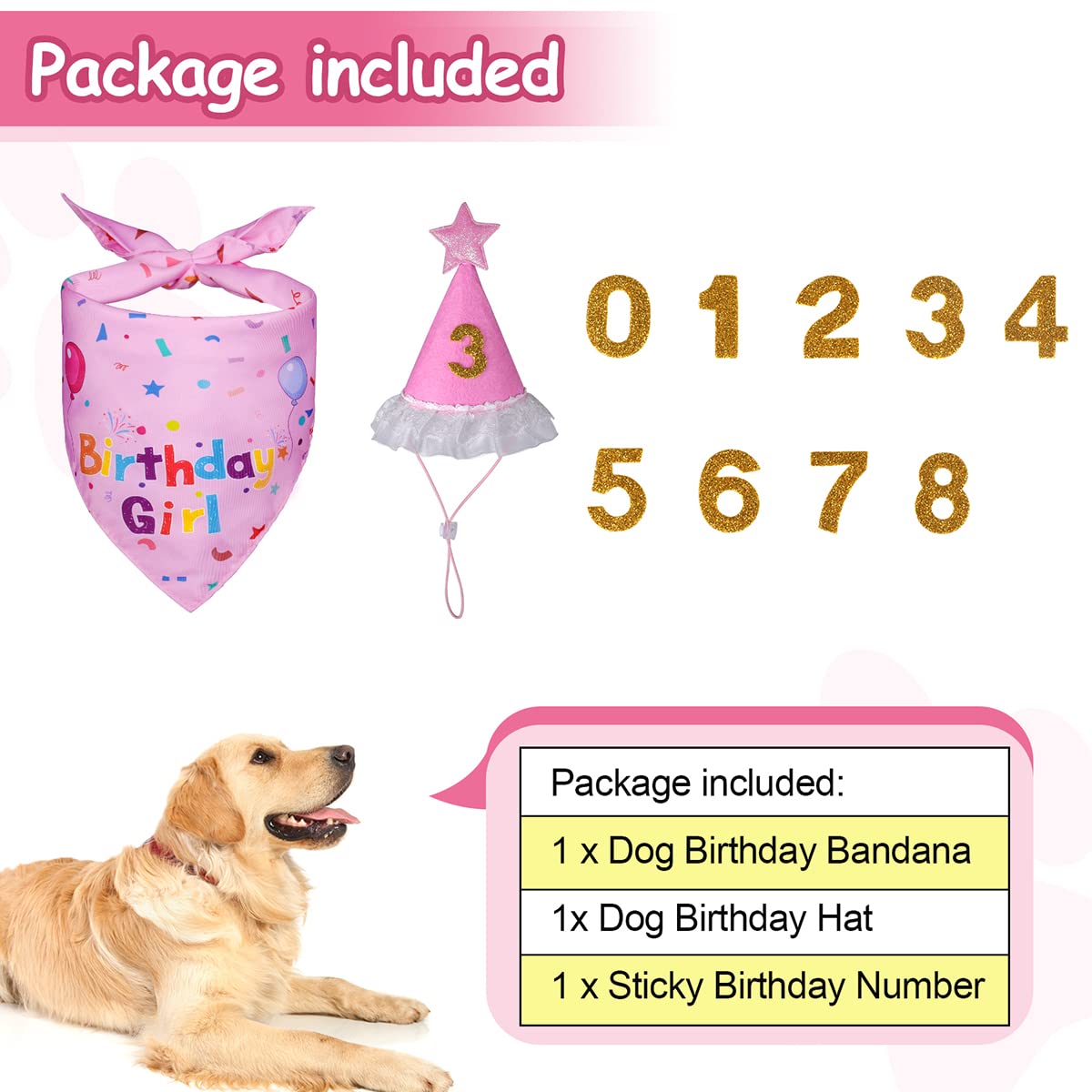 Yicostar Dog Birthday Decorations, Dog Birthday Hat With Numbers For Large Medium Small,Pet Supplies (Pink)