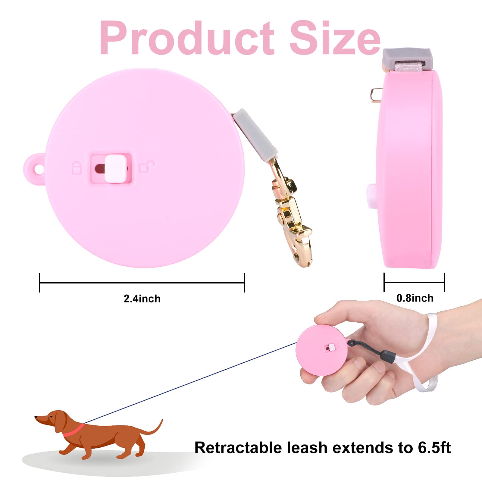 Retractable Dog Leash For Small Dogs Cats Up To 11Lbs With 6.5Ft Anti-Pull Strong Nylon Tape, Hands Free, Mini And Portable Walking Leash With Wrist Strap, One-Hand Brake, Pink Round