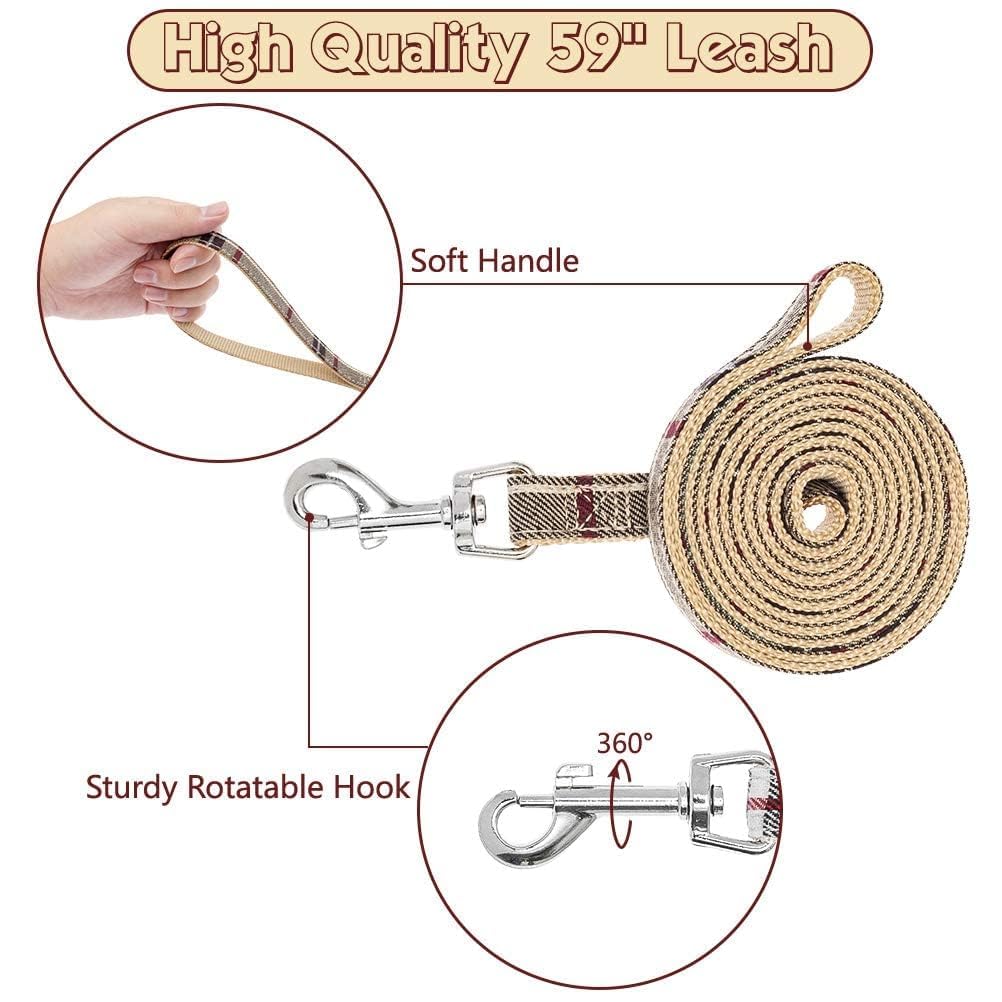 Bingpet Dog Harness Collar Leash Set,Adjustable No Pull Escape Proof Small Dog Harness,Classic Plaid Puppy Harness And Leash Set For Small Medium Large Dogs Training Easy Walk Running(Beige,S)