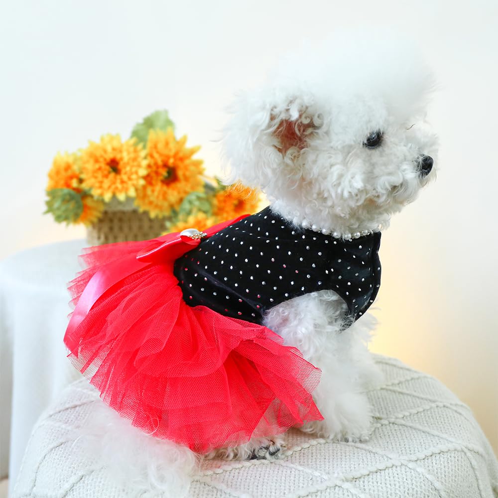Anelekor Black Polka Dot Dog Dress With D-Ring, Puppy Wedding Attire For Small Dog Girl,Cat Birthday Outfit, Red Tutu Party Dres