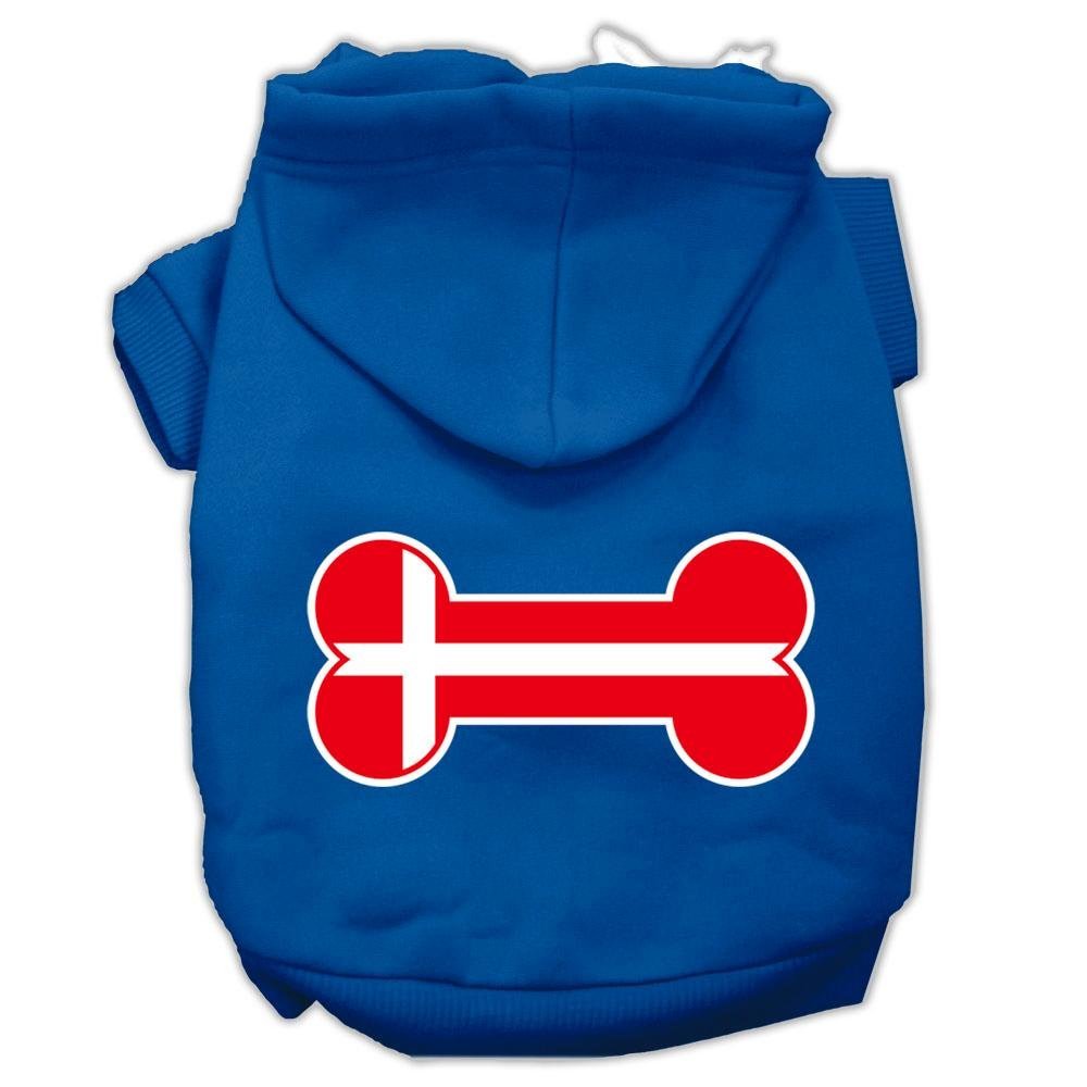 Pet, Dog & Cat Hoodie Screen Printed, 'Bone Shaped Denmark Flag' Blue Xs (0-3 Lbs.)