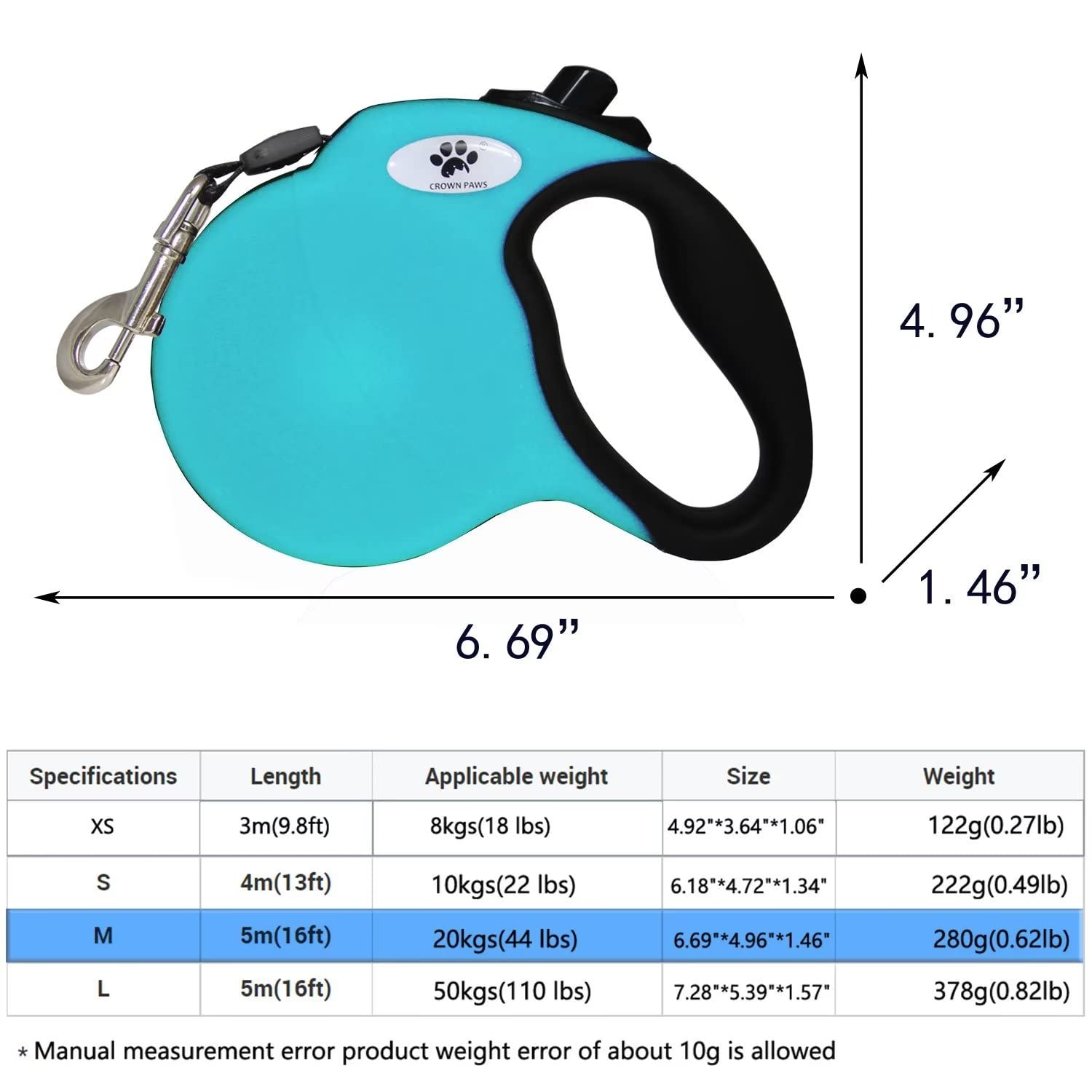 Crown Paws 16 Ft Retractable Dog Leash For Large Dogs Up To 44 Lbs,Tangle-Free Nylon Tape,Blue Dan M