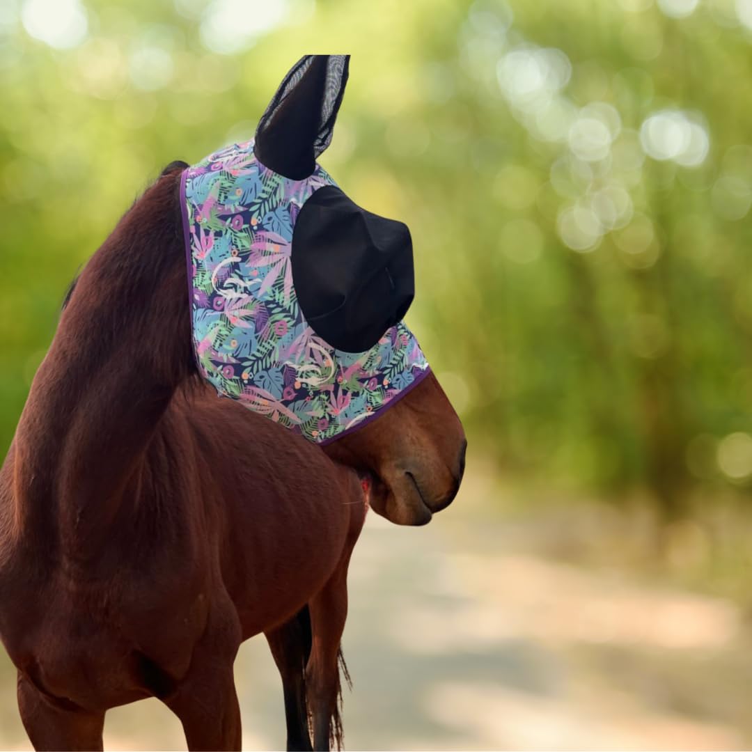 Horzmetnex Stretchy Horse Fly Mask with Ears,Extra-Large Eyes & Mane Opening - Soft, Breathable Fly Mask for Horses, Tangle-Free