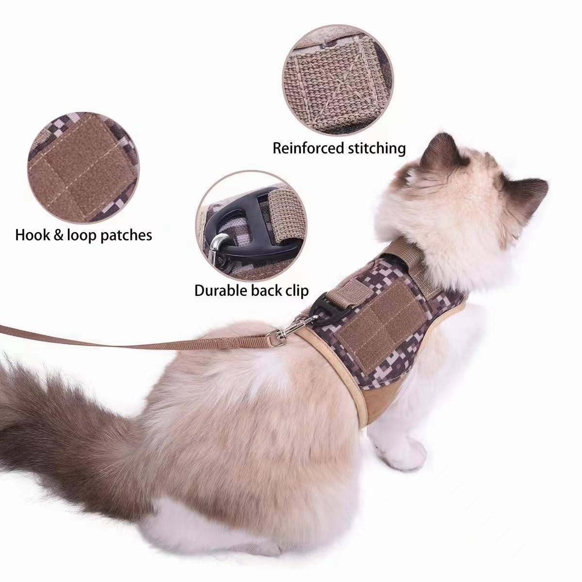 Tactical Cat Harness And Leash For Walking Escape Proof, Desert Camo, Large, Adjustable Cat Walking Jackets, Padded Stylish Cat