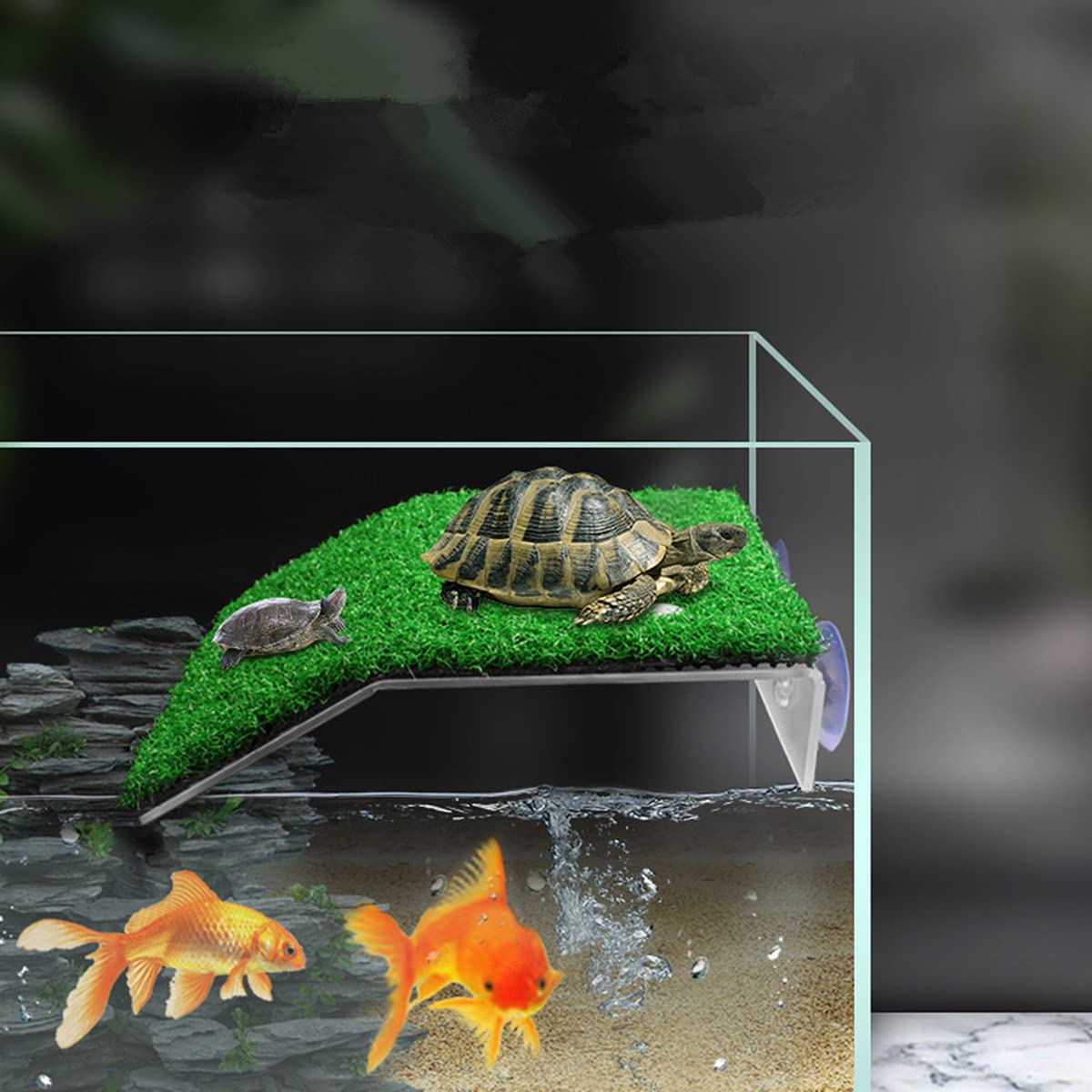 DoubleWood Turtle Basking Platform - Medium Plastic Ramp with Simulation Grass for Turtle Tanks, Small Reptiles & Frogs