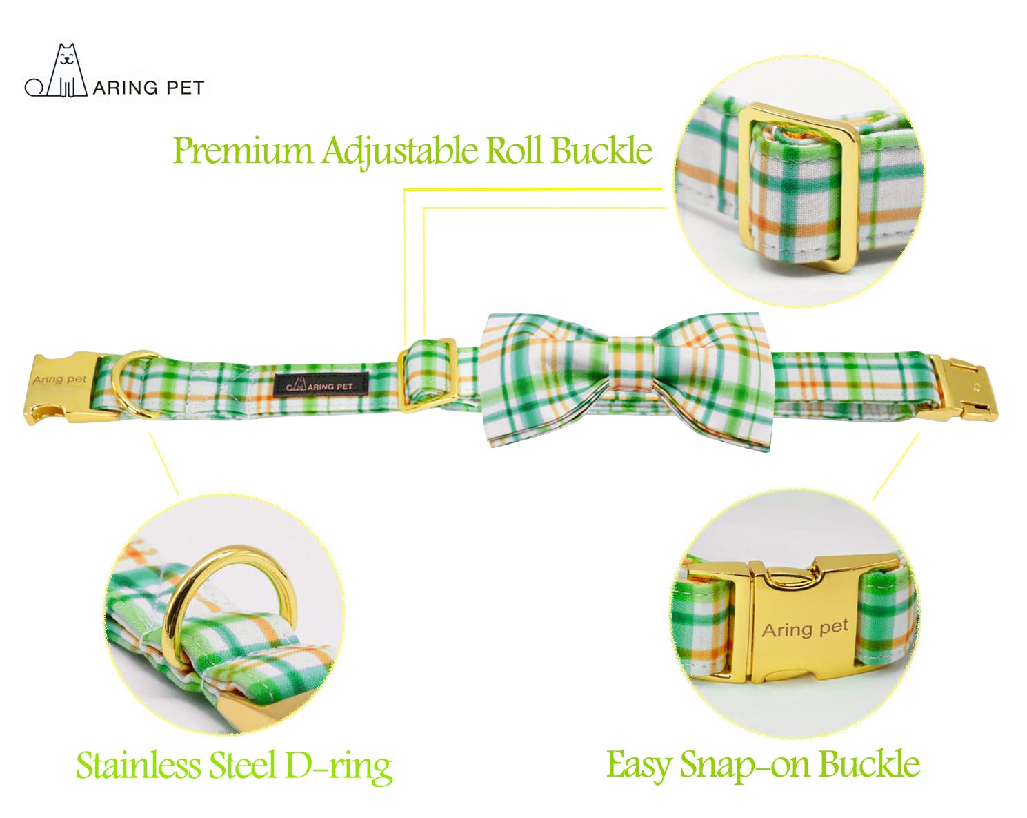 ARING PET Bowtie Dog Collar, Adorable Green Grid Dog Collars with Detachable Bow, Adjustable Collar Gifts for Small Medium Large