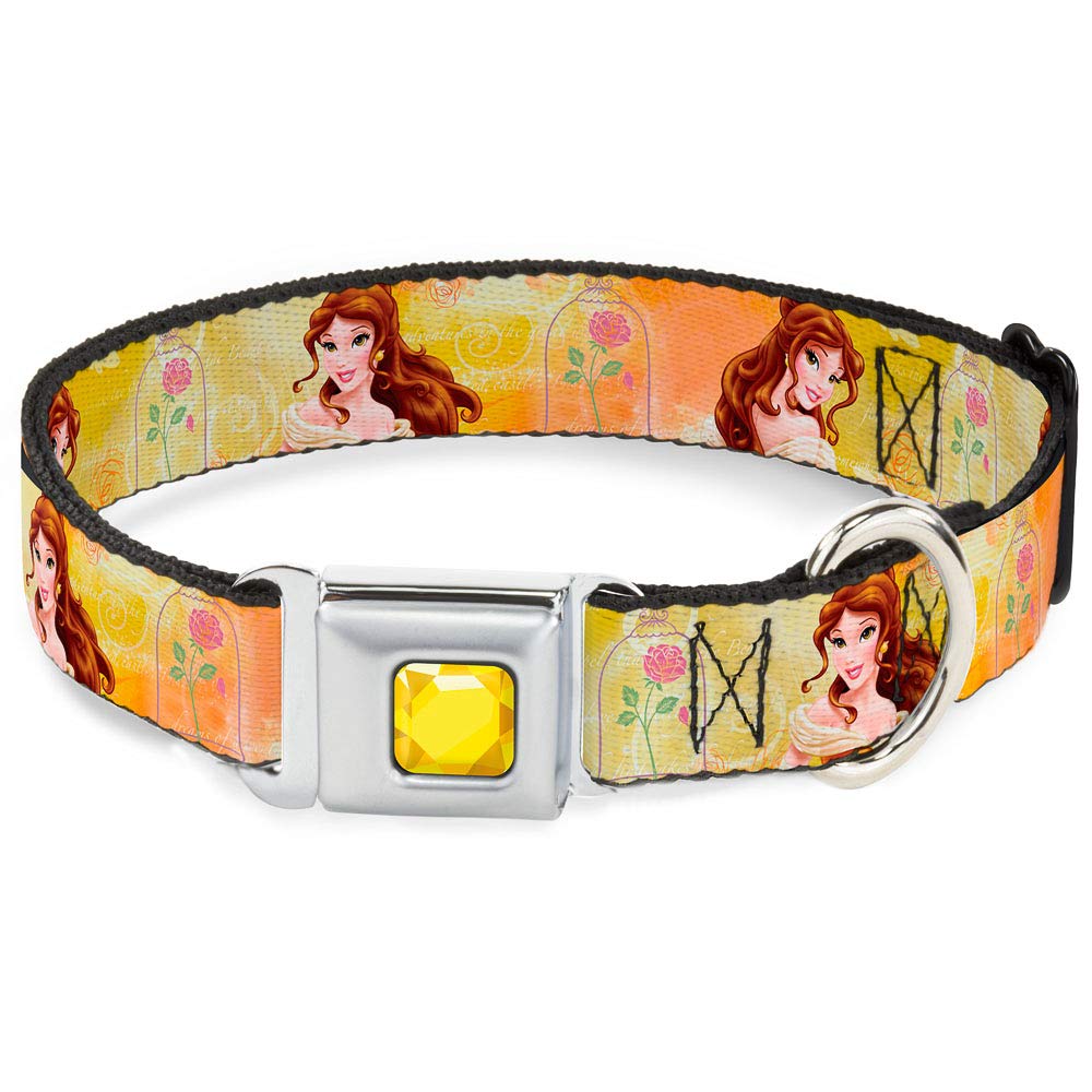 Buckle-Down Seatbelt Buckle Dog Collar - Belle Poses/Enchanted Rose/Story Script Yellow/Pinks - 1.5' Wide - Fits 18-32' Neck -