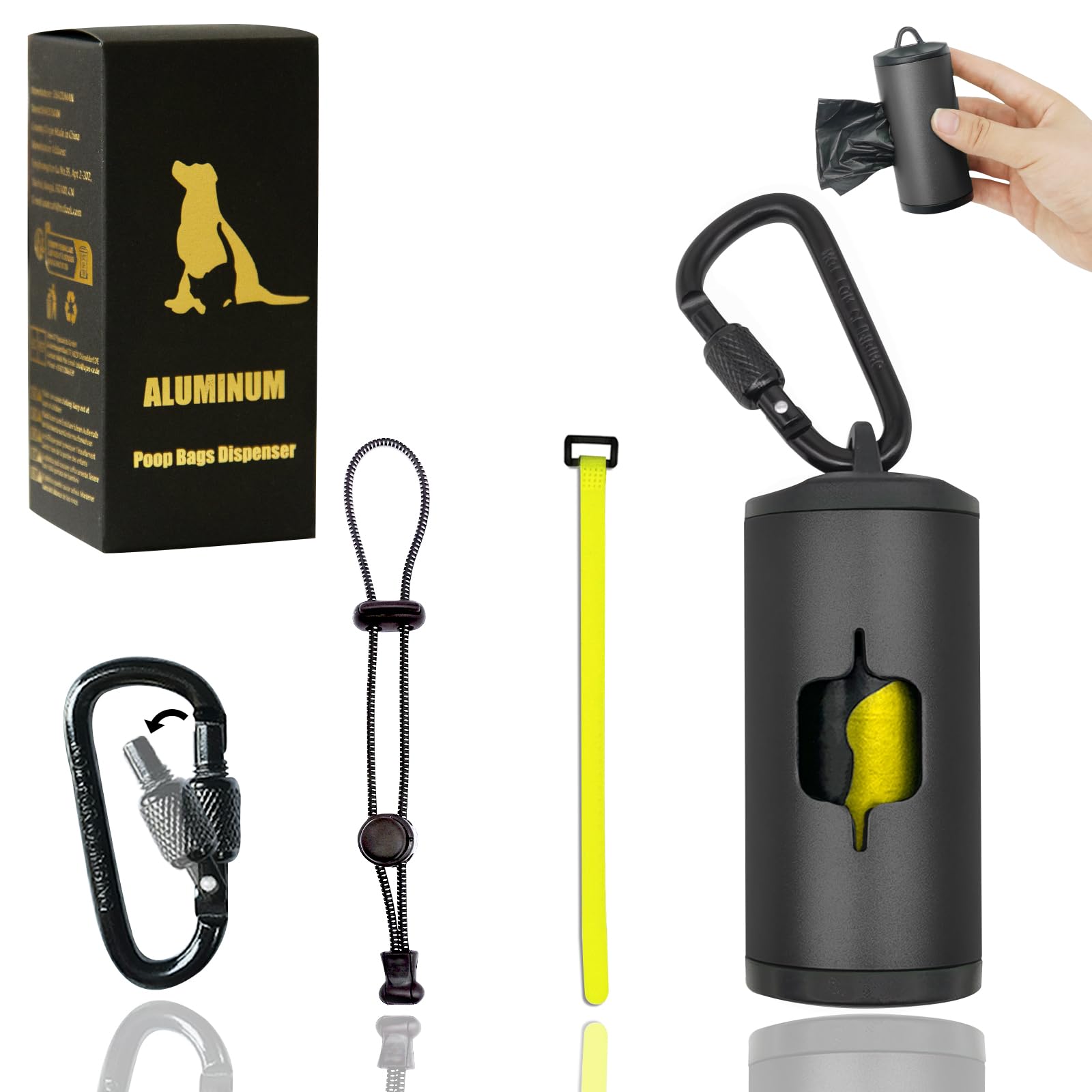 Metal Dog Poop Bags Holder|Aluminum Poop Bags Dispenser with 15 Black Pet Waste Bags 3 Leash Clasp and Elastic Rope