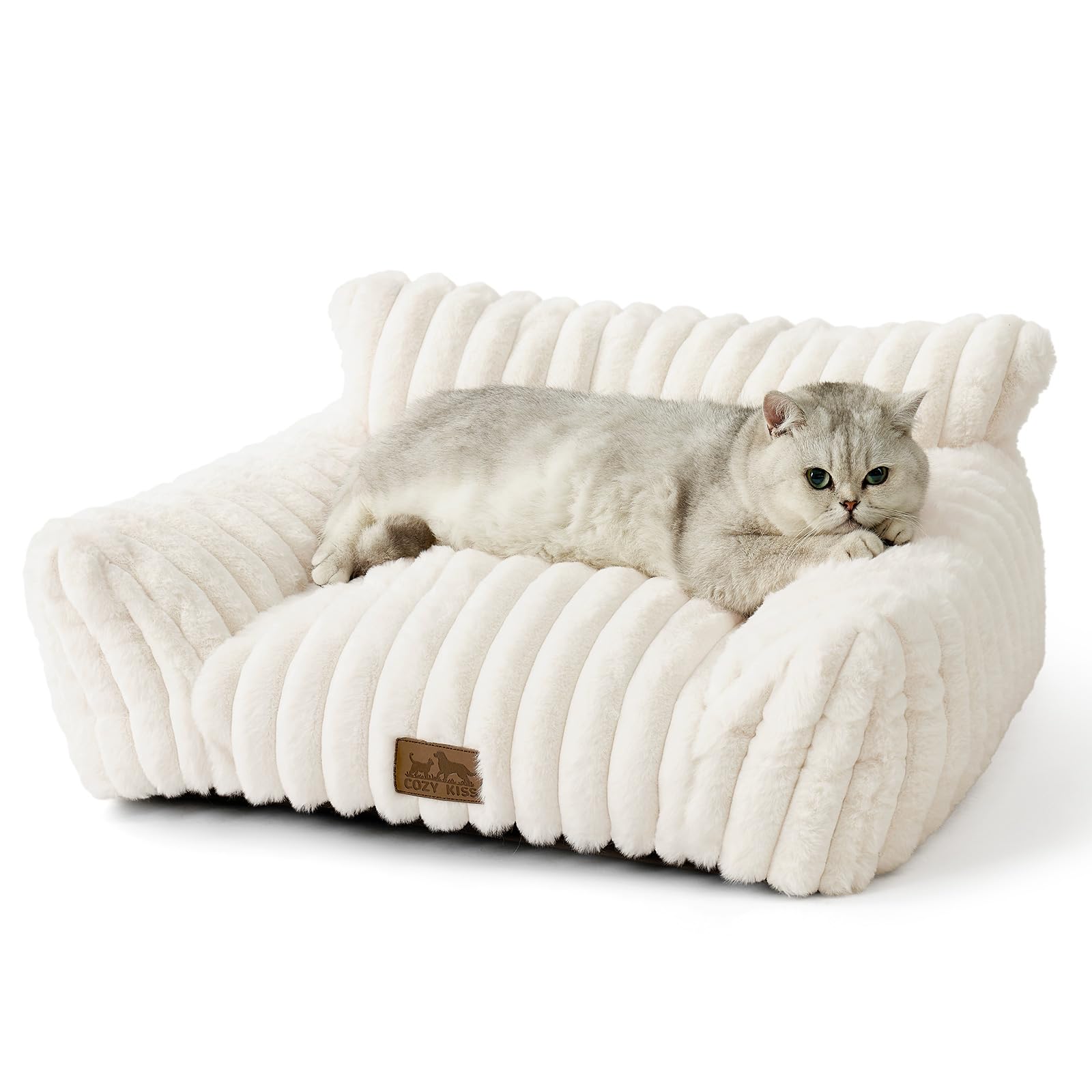 COZY KISS Cute Cat Couch, Premium Plush Faux Fur Pet Couch Bed, Ultra-Soft Pet Furniture for Cats & Small Dogs (Cream, S: 25.5