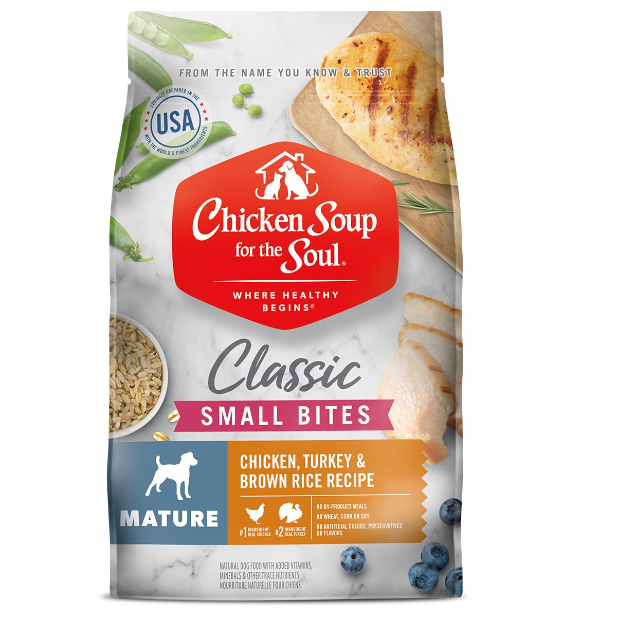 Chicken Soup for The Soul Classic Dry Small Bites Senior Dog Food, Chicken, Turkey & Brown Rice Recipe, 13.5 Pound Bag | Soy, Co