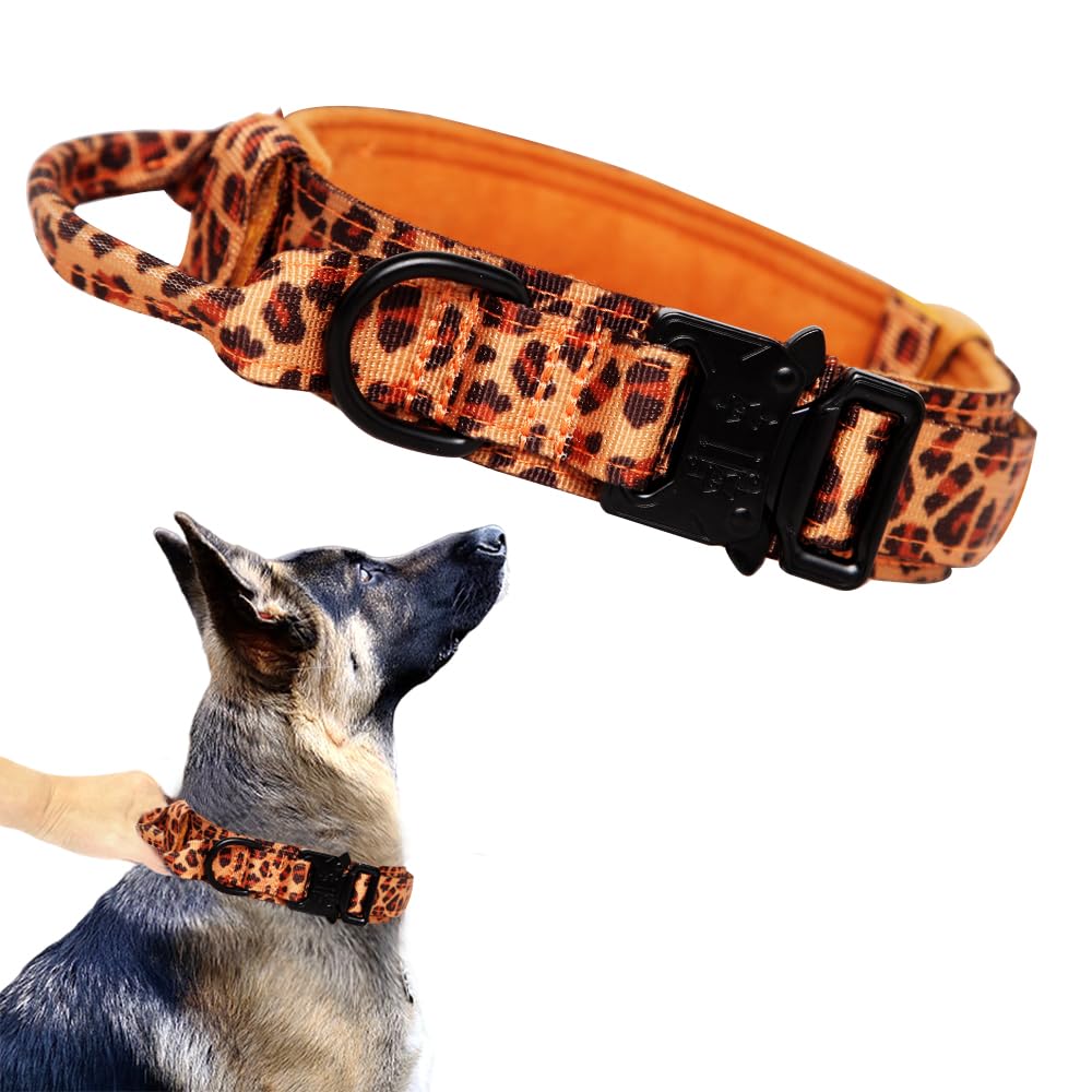 Tactical Nylon Dog Collar - Adjustable, Heavy Duty Metal Buckle With Handle For Training (Leopard, M)