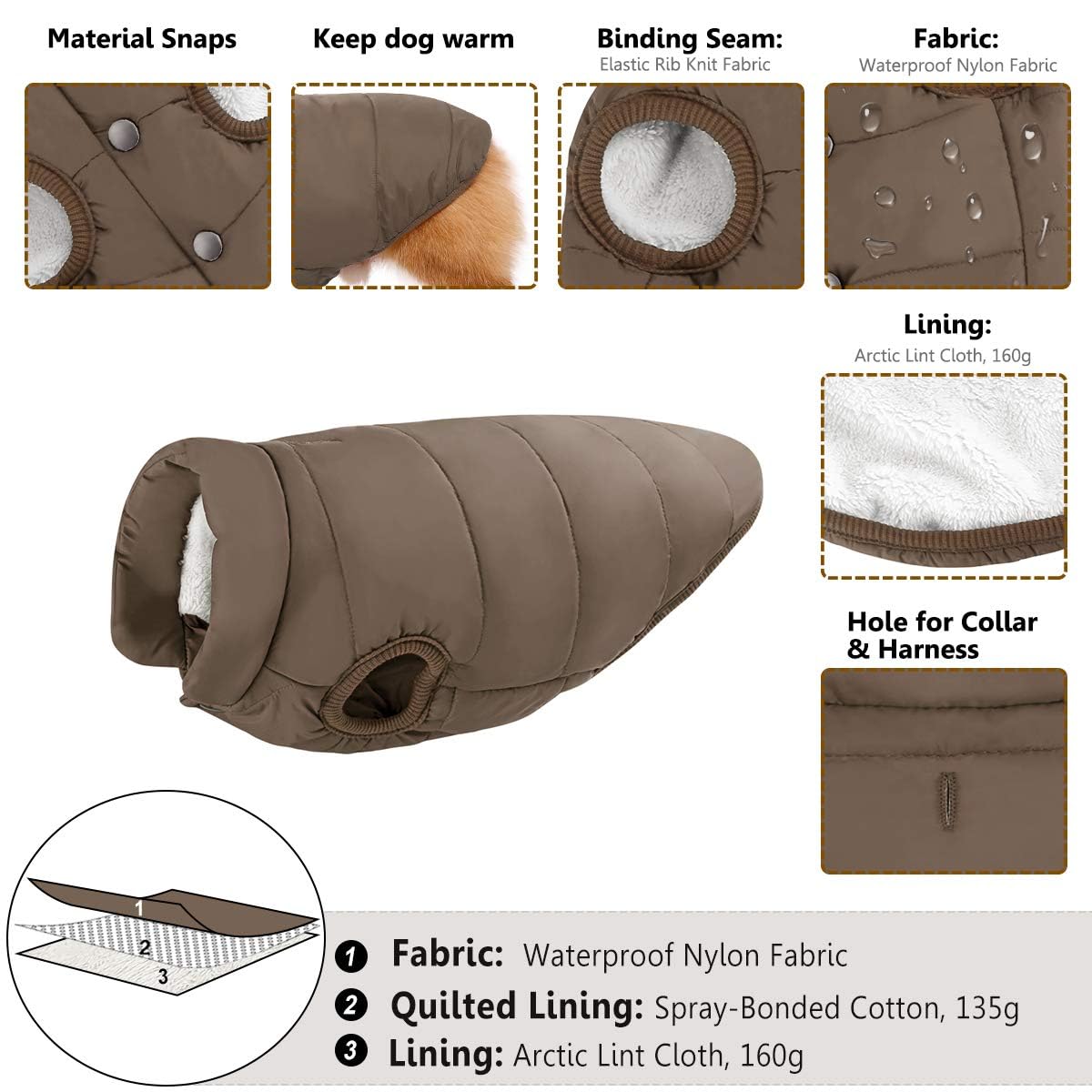 Asenku Windproof & Waterproof Dog Jacket - Warm Fleece Lined Vest For Small To Xxxl Dogs (Coffee)