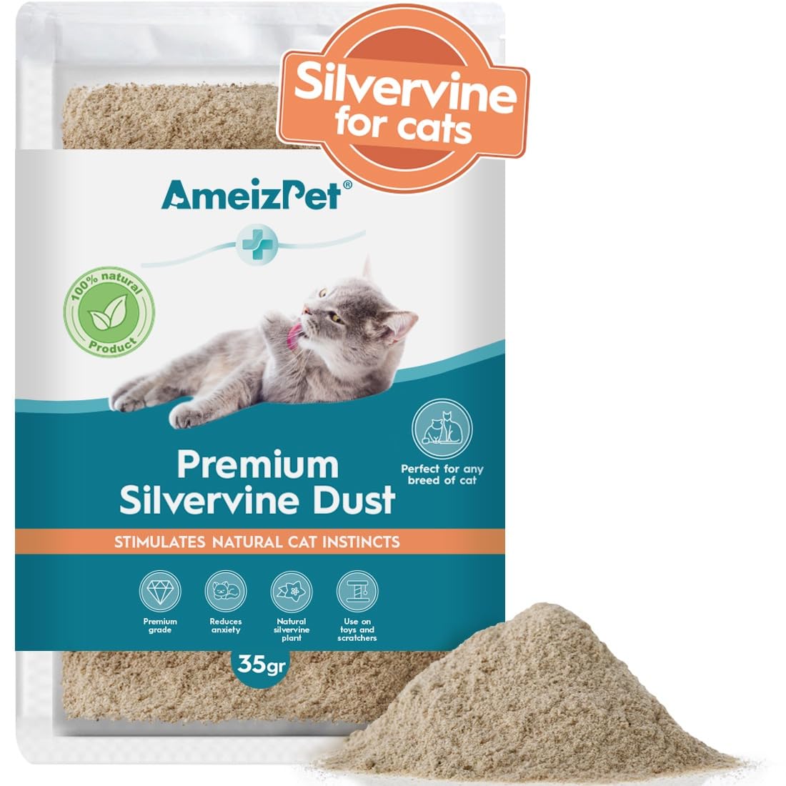 Ameizpet Silvervine Dust For Cats, Catnip Alternative For Training & Play, Cat & Kitten Behaviour Dust 35G (0.08 Oz)