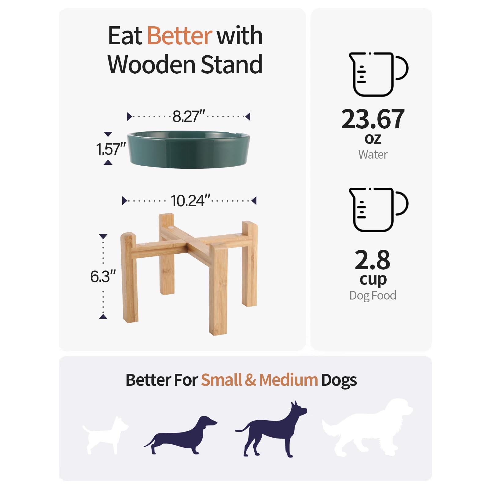 8.26 in Deep Green Dog Bowl Slow Feeder Ceramic for Medium and Large Breed,Elevated/Raised Slow Feeding Dog Food Water Dish Heav