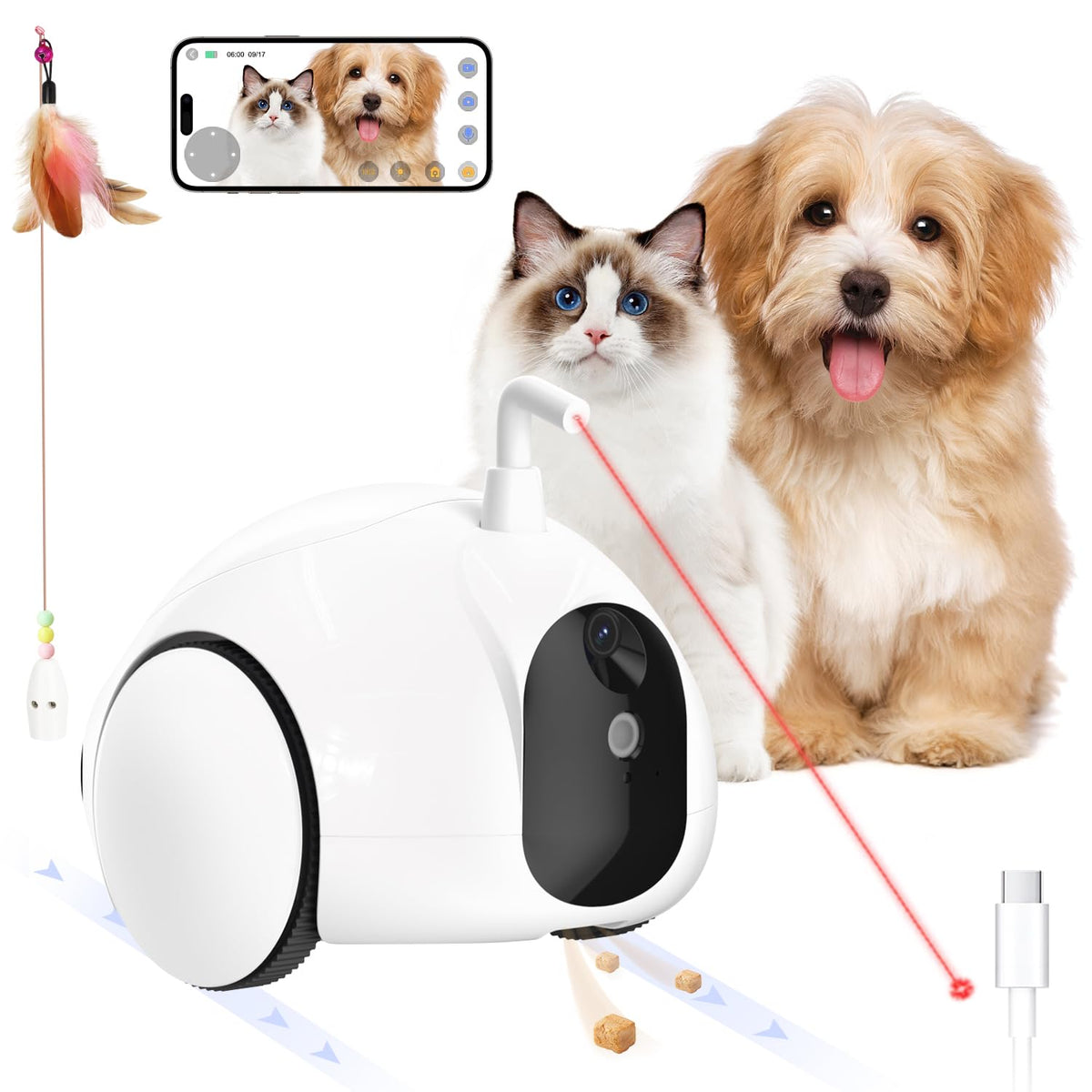 Pumpkii Pet Camera Treat Dispenser, Moving Pet Robot With Phone App, Cat Camera With Interactive Pointer Toy, Night Vision, Two-