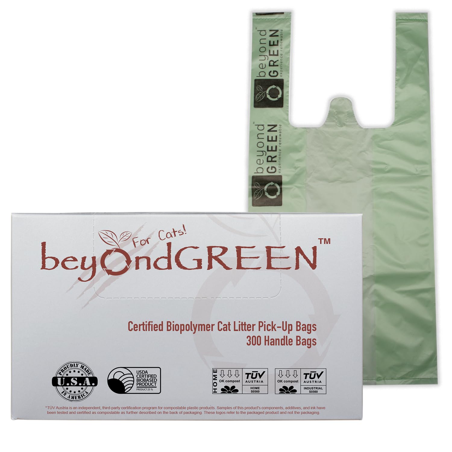 Beyondgreen Plant-Based Cat Litter Poop Waste Pick-Up Bags With Handles - 300 Bags - 8 In X 16 In