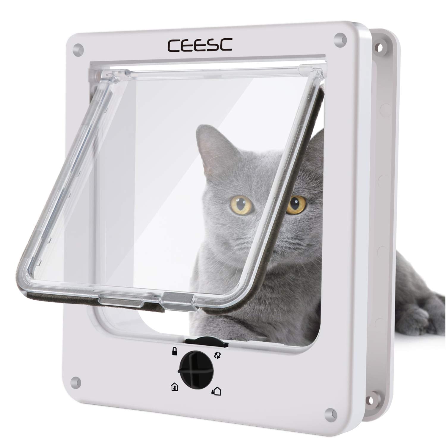 Ceesc Cat Doors, Magnetic Pet Door With Rotary 4 Way Lock For Cats, Kitties And Kittens, Upgraded Version (Medium, White)