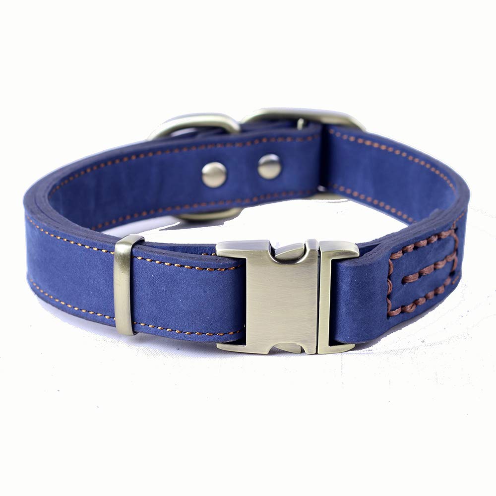 Chede Luxury Real Leather Dog Collar - Handmade, Hand-Stitched Genuine Leather, Blue, 13.5 To 19.2 Inches, Medium And Large Dog 
