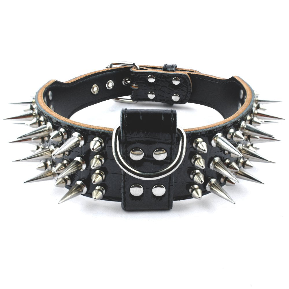 Pet Artist 2' Wide Luxury Sharp Spiked Dog Collar, Durable Anti-Biting Leather Dog Collar For Large Dogs, Black, Xl, Neck For 21-24'