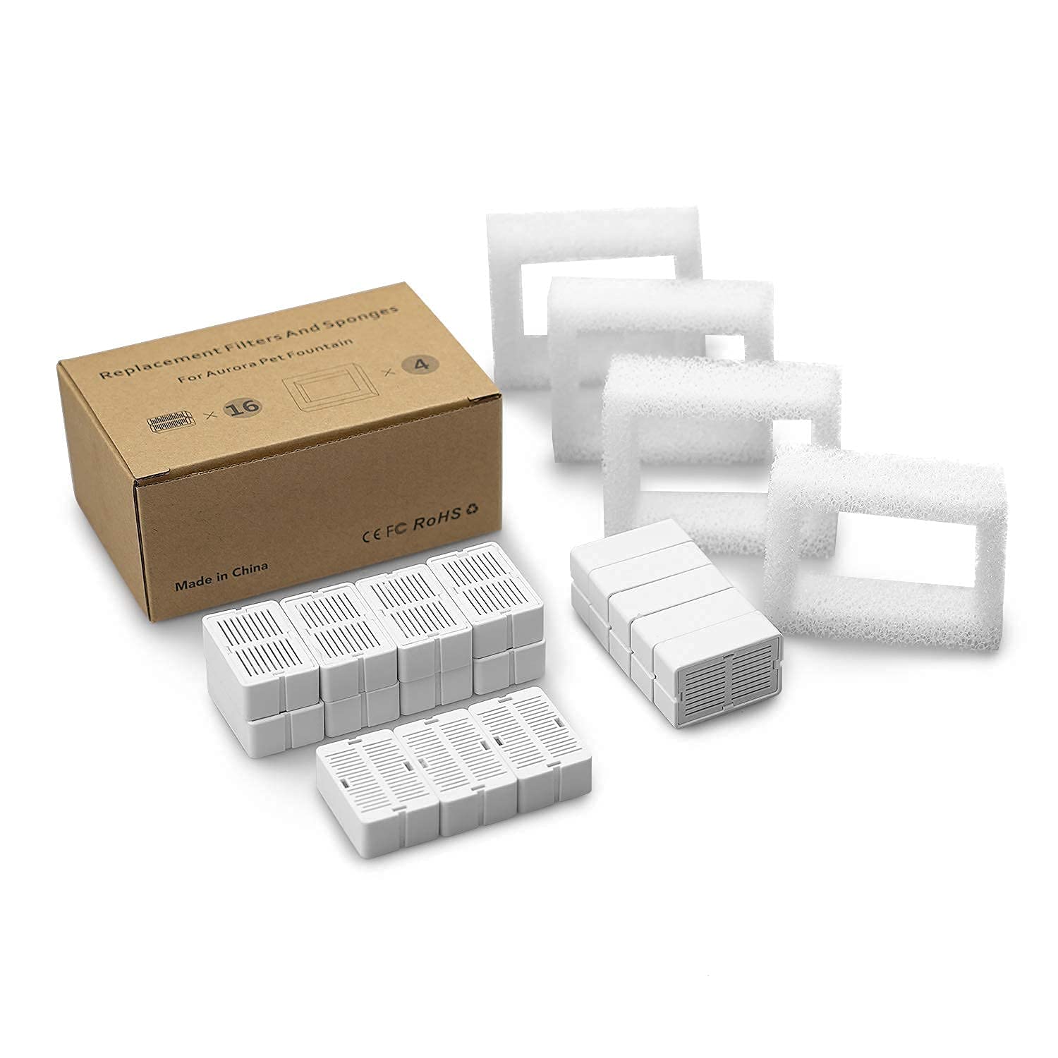 Vindox Pet Fountain Replacement Filters, 16 Cat Fountain Carbon Filters And 4 Foam Pre-Filters For Ceramic/Cupcake Pet Fountain Pet Drinking Fountain Porcelain (16 Packs)