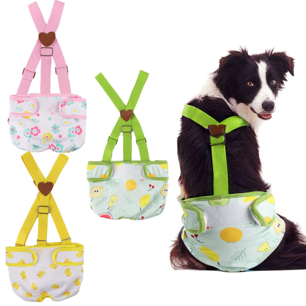 3 Pack Washable Female Dog Diaper With Suspender,Reusable Fixed Doggie Diapers Super Absorbent Leakproof For Small Medium Large 