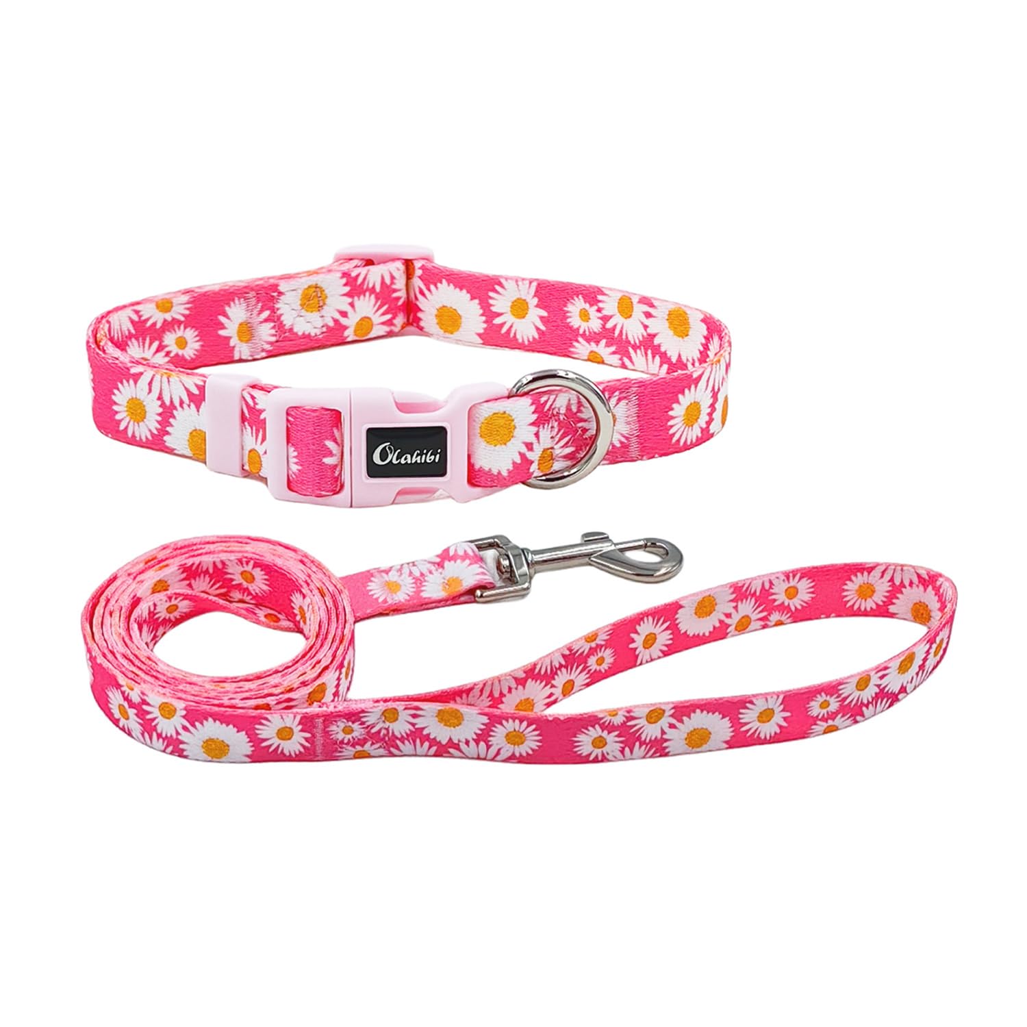 Olahibi Dog Collar And Leash Set, Cute Pink Daisy Pattern, Polyester Material, 5Ft Leash, For Medium Dogs.(Medium,Pink Daisy)