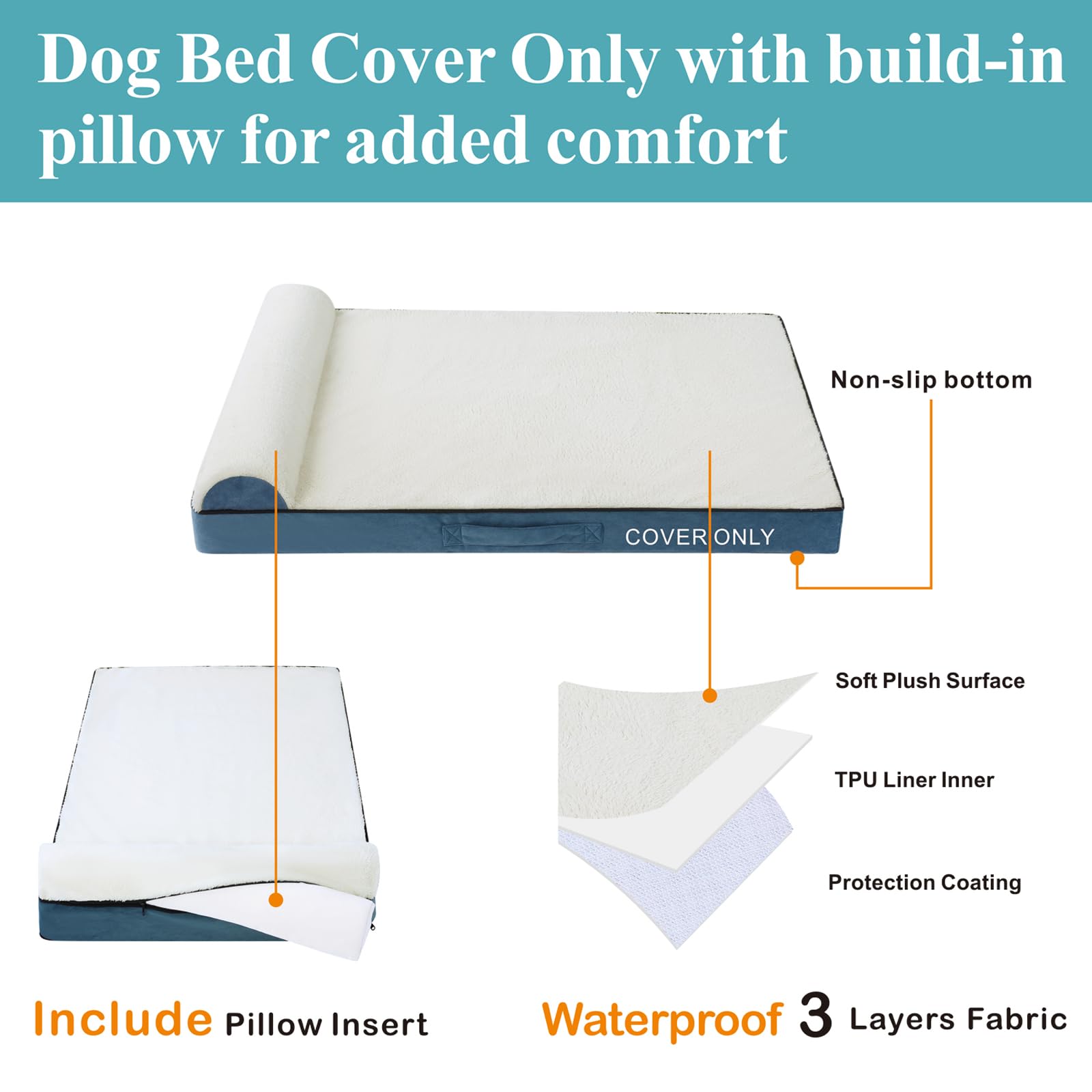 Dog Bed Covers Replacement Washable, Soft Plush Waterproof Dog Bed Cover With Zipper And Removable Built-In Orthopedic Pillow, 4