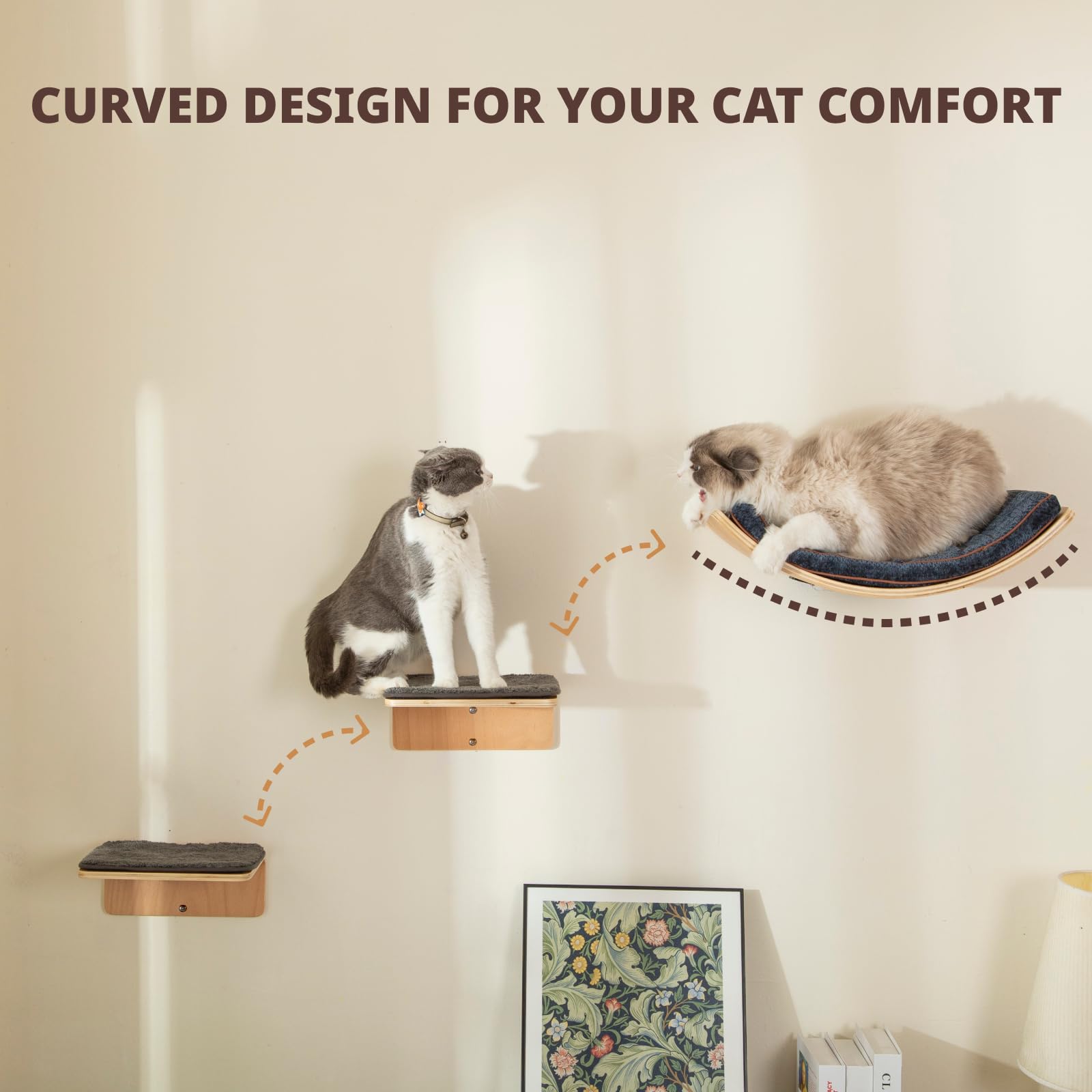Liorce Cat Wall Shelf With Two Steps - Curved Cat Shelves And Perches For Wall (Large Size) - Wall Mounted Cats Furniture For Sl
