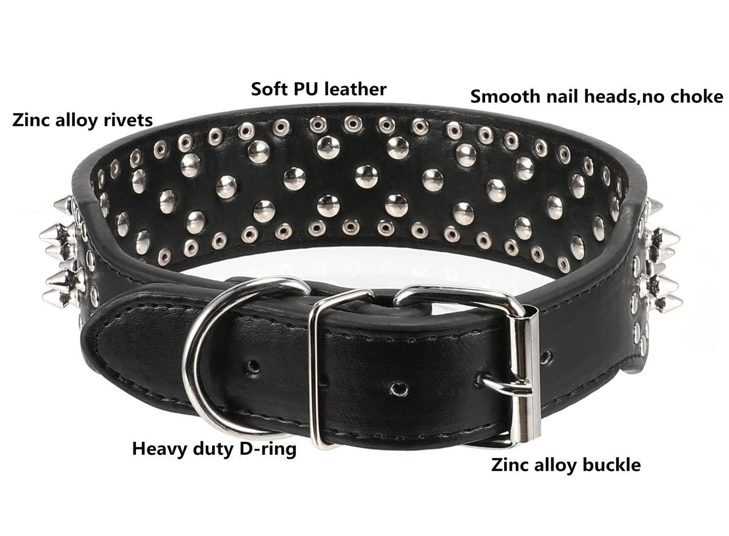 Hoot Pu Leather Adjustable Spiked Studded Dog Collar 2'' Wide 37 Spikes (M(Neck 19''-22''), Black)