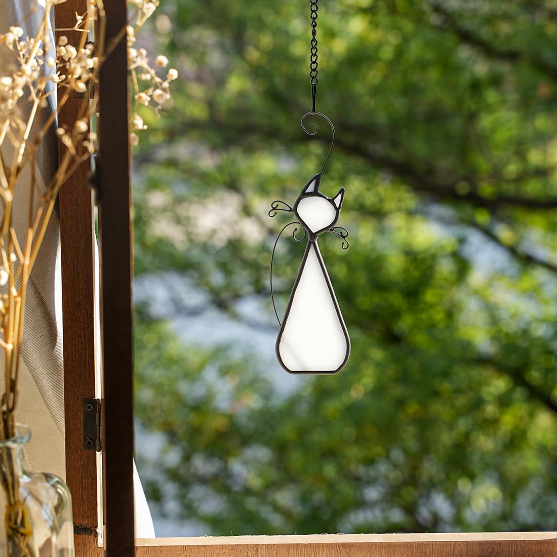 Boxcasa White Cat Stained Glass Window Hanging - Handcrafted Suncatcher For Cat Lovers - Home Decor Gifts For Women - Living Roo