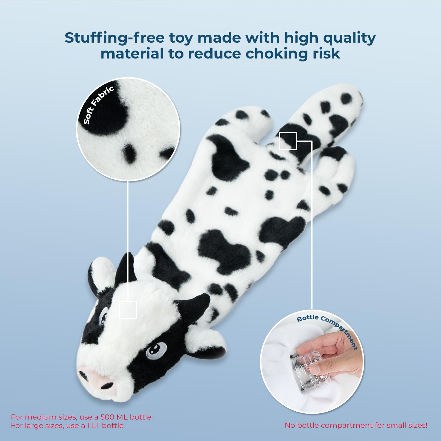 Best Pet Supplies 2-In-1 Stuffless Squeaky Dog Toys With Soft, Durable Fabric For Small, Medium, And Large Pets, No Stuffing For Indoor Play, Holds A Plastic Bottle - Cow, Large