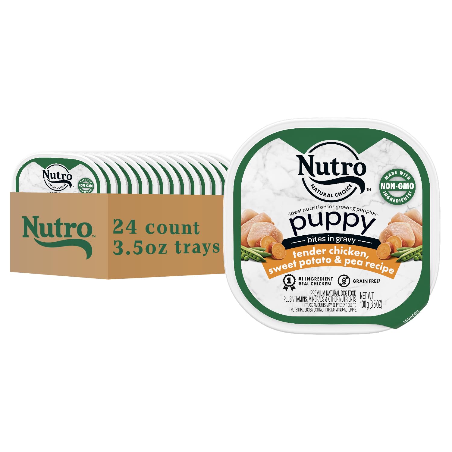 Nutro Puppy Grain Free Natural Wet Dog Food Bites in Gravy Tender Chicken, Sweet Potato & Pea Recipe, 3.5 oz. Trays (24 Count, P