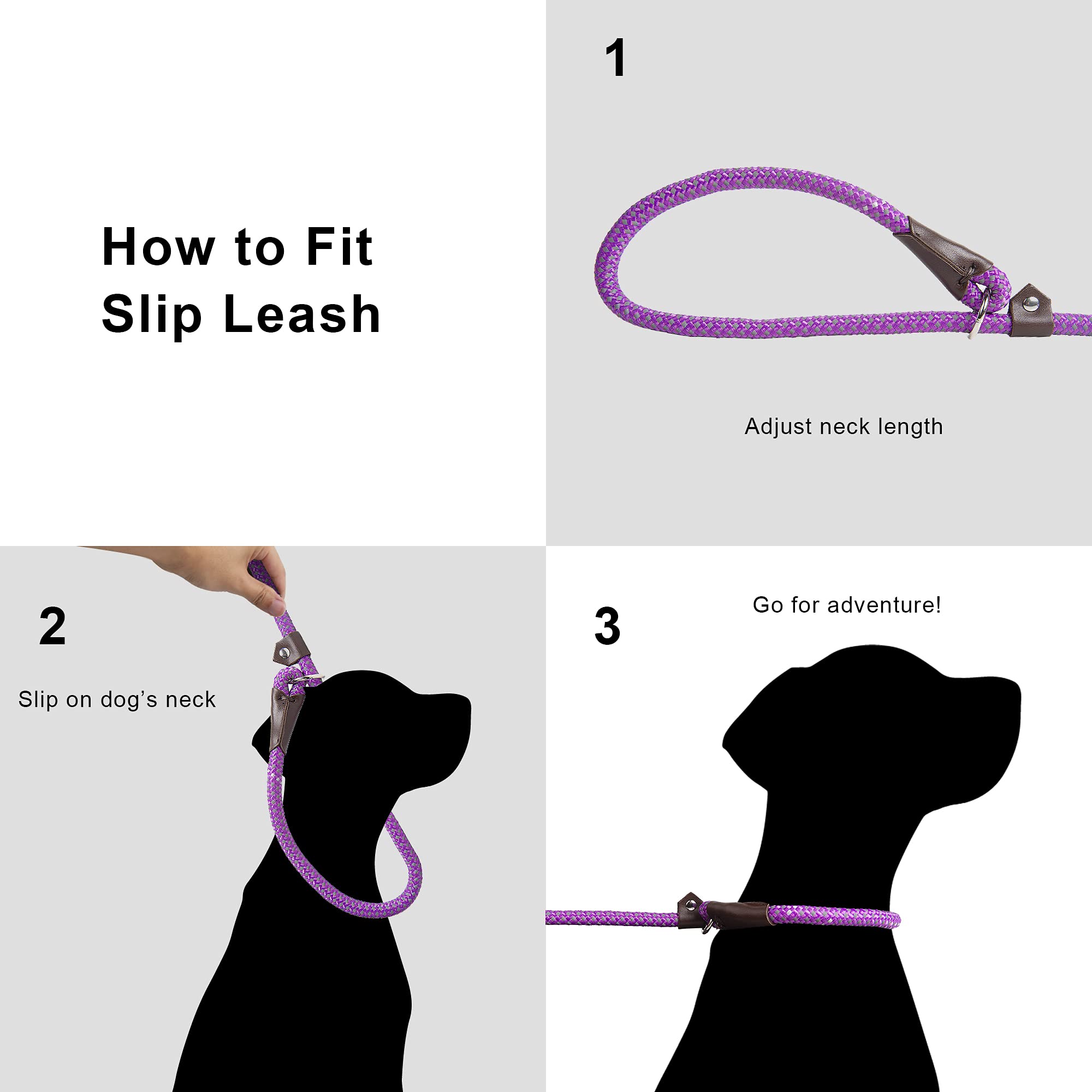 Twoear Dog Leash Dog Slip Rope Leash 6Ft Dog Training Leash Heavy Duty Strong Slip Lead Highly Reflective Threads For Small Medium And Large Dogs (Slim(3/8''X6Ft), Purple)