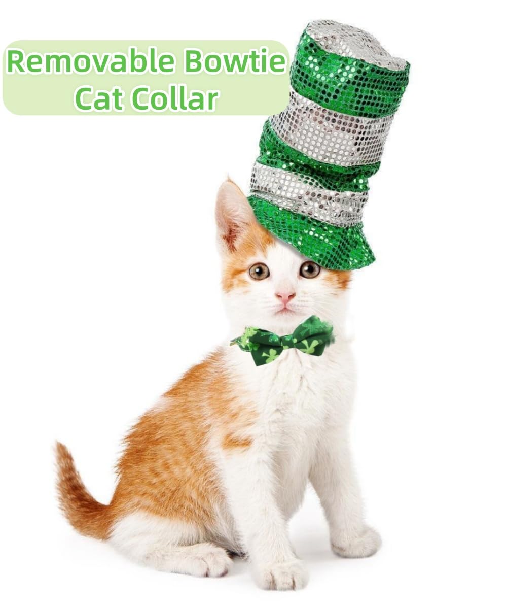 2 Pack St. Patrick'S Day Cat Collar With Bow Tie, Irish Shamrock Clover Cat Collar Breakaway Green With Bells For Boys And Girls