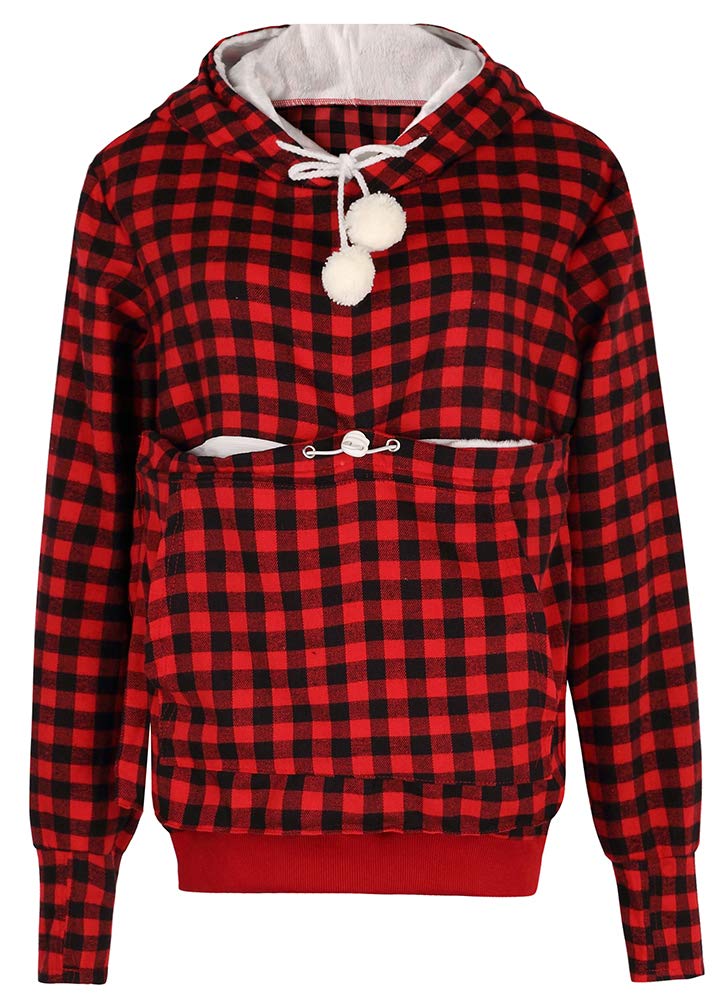 Jomago Womens Pet Carrier Thin Hoodies Kitten Puppy Pouch Shirts Animal Holder Hood Long Sleeve Sweatshirt Plaid Red